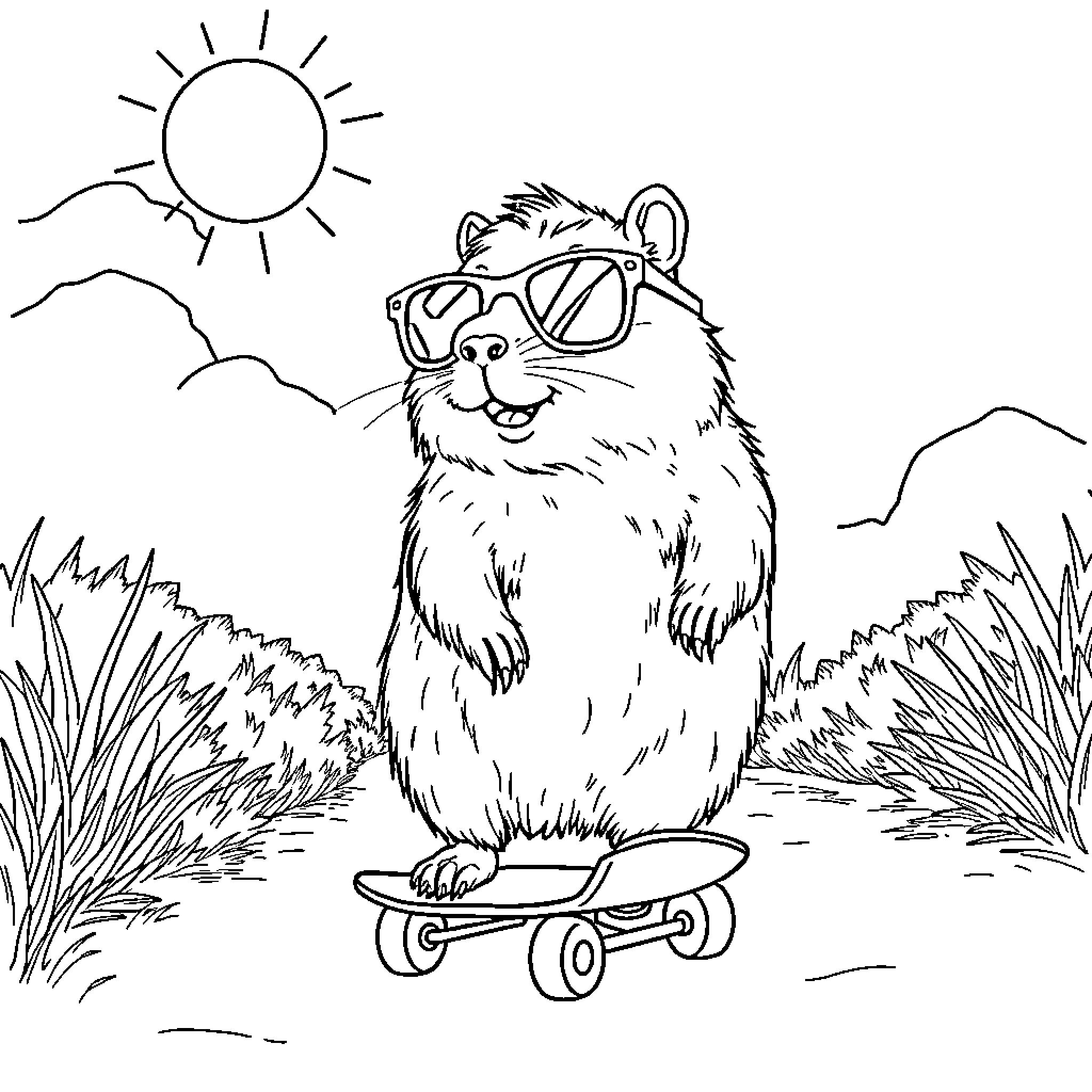 Capybara riding a skateboard in the sun Coloring Page (free black-and-white line drawing printable PDF for all, from beginners to advanced learners, including children, teens, adults, and seniors)