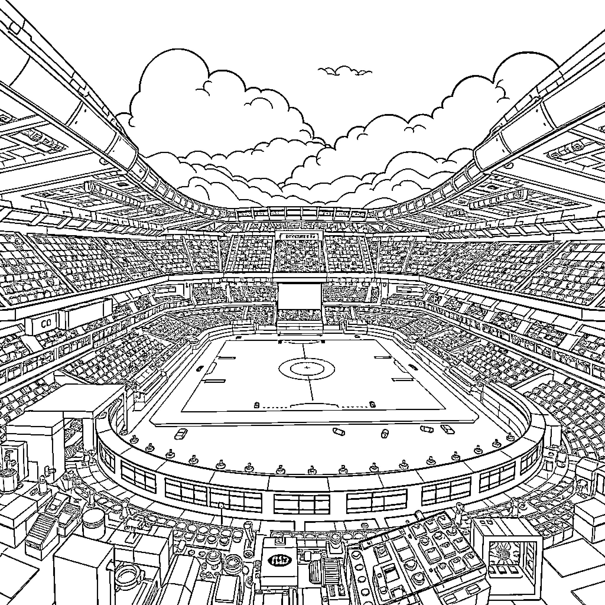 Football Stadium with Fans Cheering and Action on the Field Coloring Page (free black-and-white line drawing printable PDF for all, from beginners to advanced learners, including children, teens, adults, and seniors)