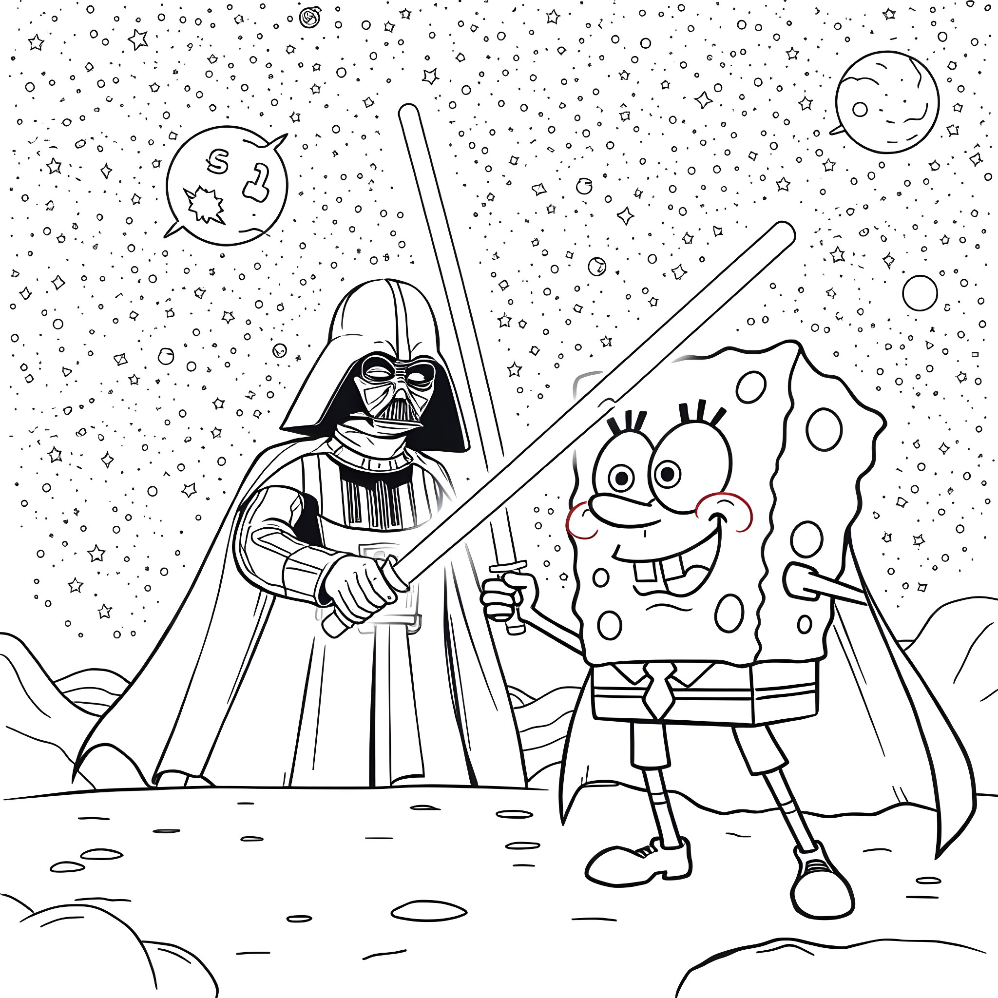 Spongebob and Darth Vader in space adventure Coloring Page (free black-and-white line drawing printable PDF for all, from beginners to advanced learners, including children, teens, adults, and seniors)