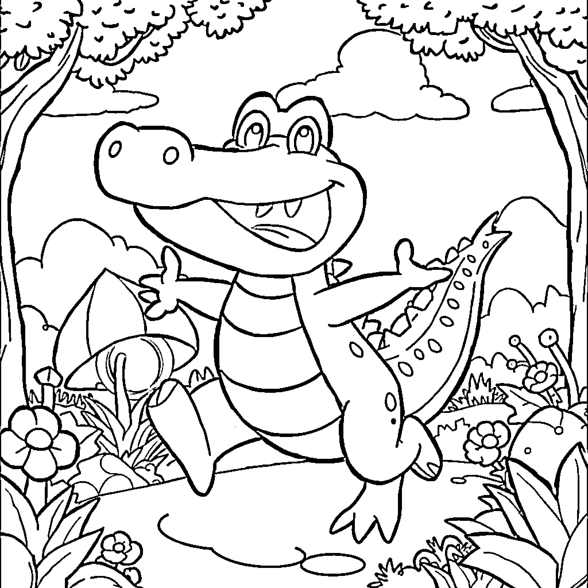 Croc enjoying nature in the colorful forest Coloring Page (free black-and-white line drawing printable PDF for all, from beginners to advanced learners, including children, teens, adults, and seniors)