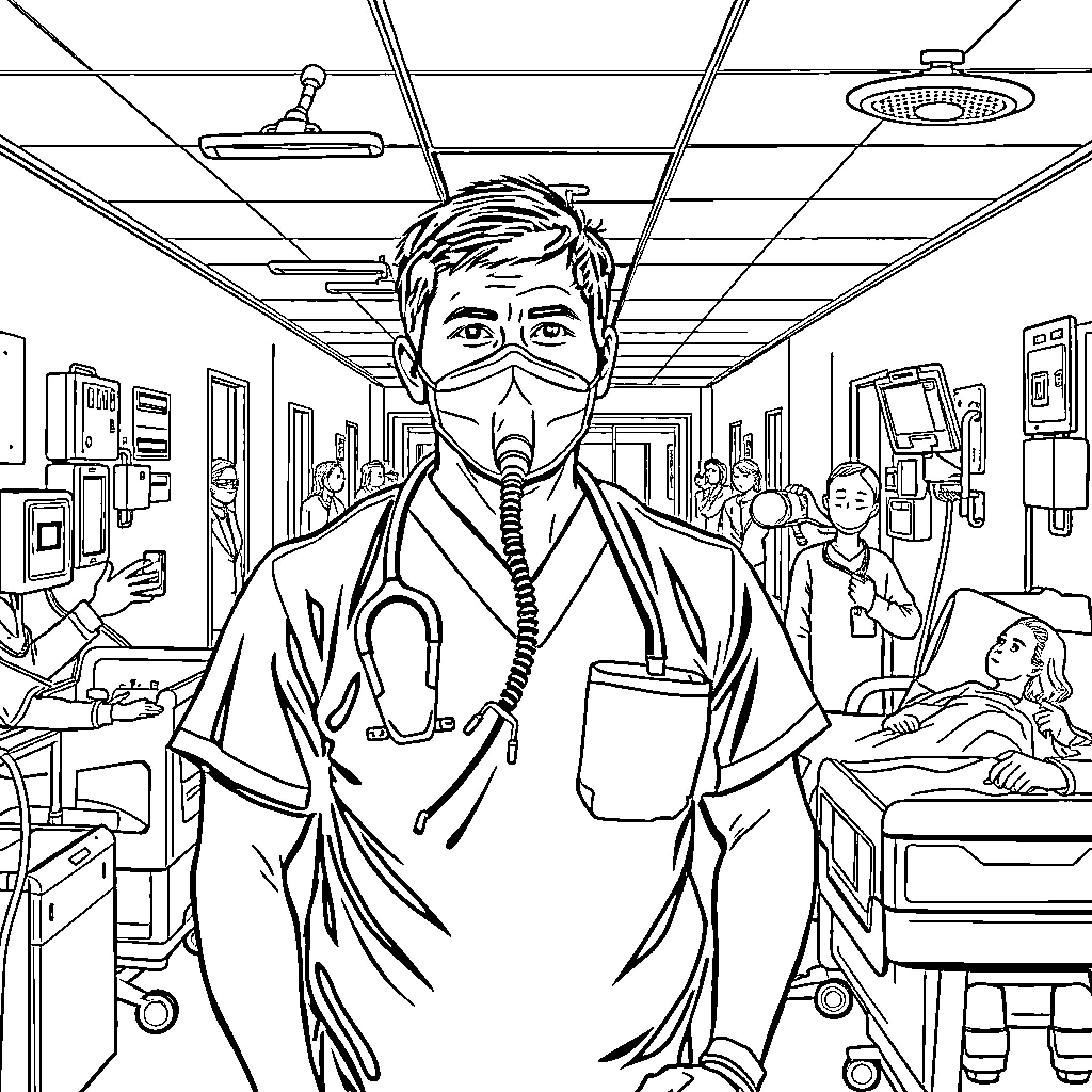 Manny Pacquiao Working in Medical Setting Coloring Page (free black-and-white line drawing printable PDF for all, from beginners to advanced learners, including children, teens, adults, and seniors)