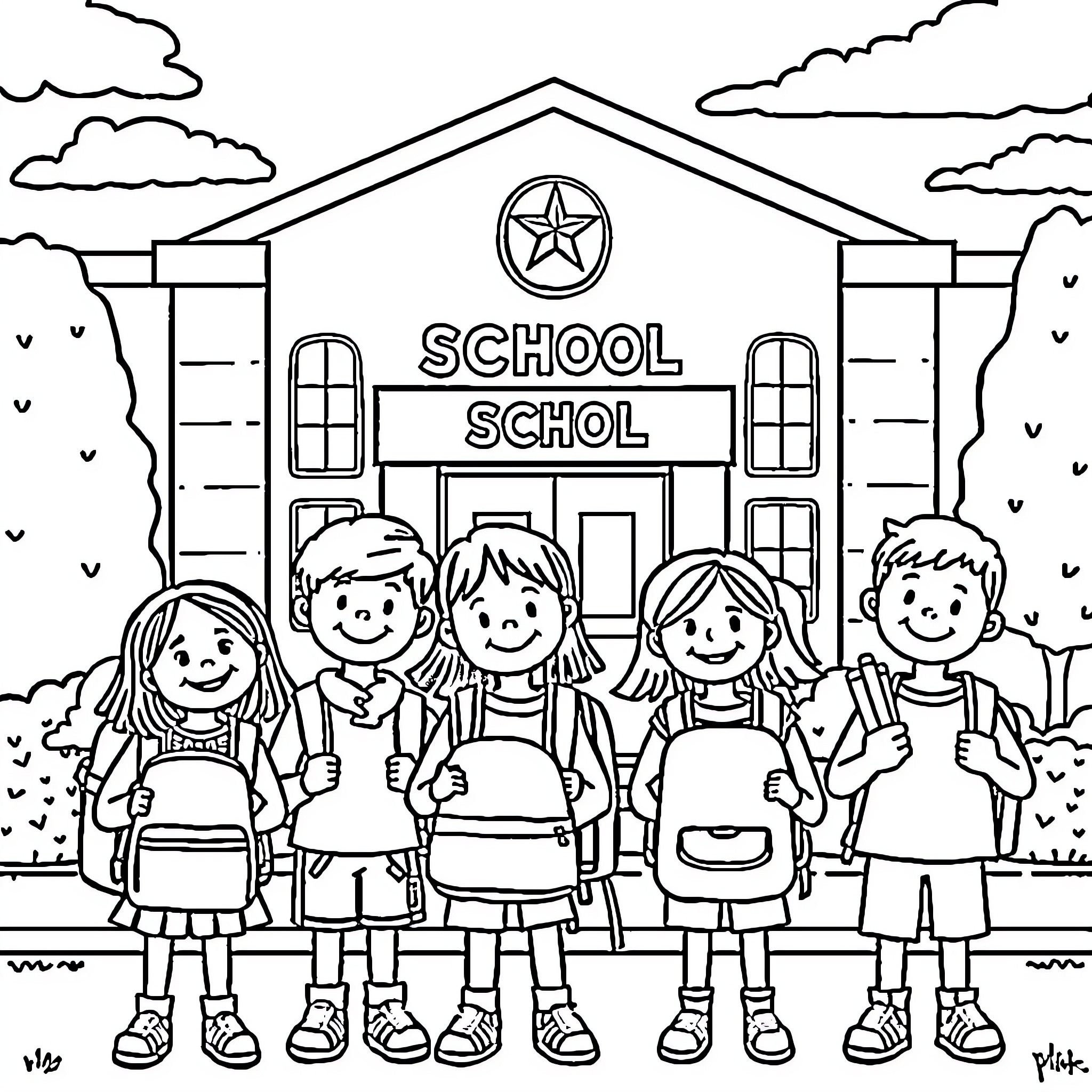 School Students Gathered Outside the School Building Coloring Page (free black-and-white line drawing printable PDF for all, from beginners to advanced learners, including children, teens, adults, and seniors)