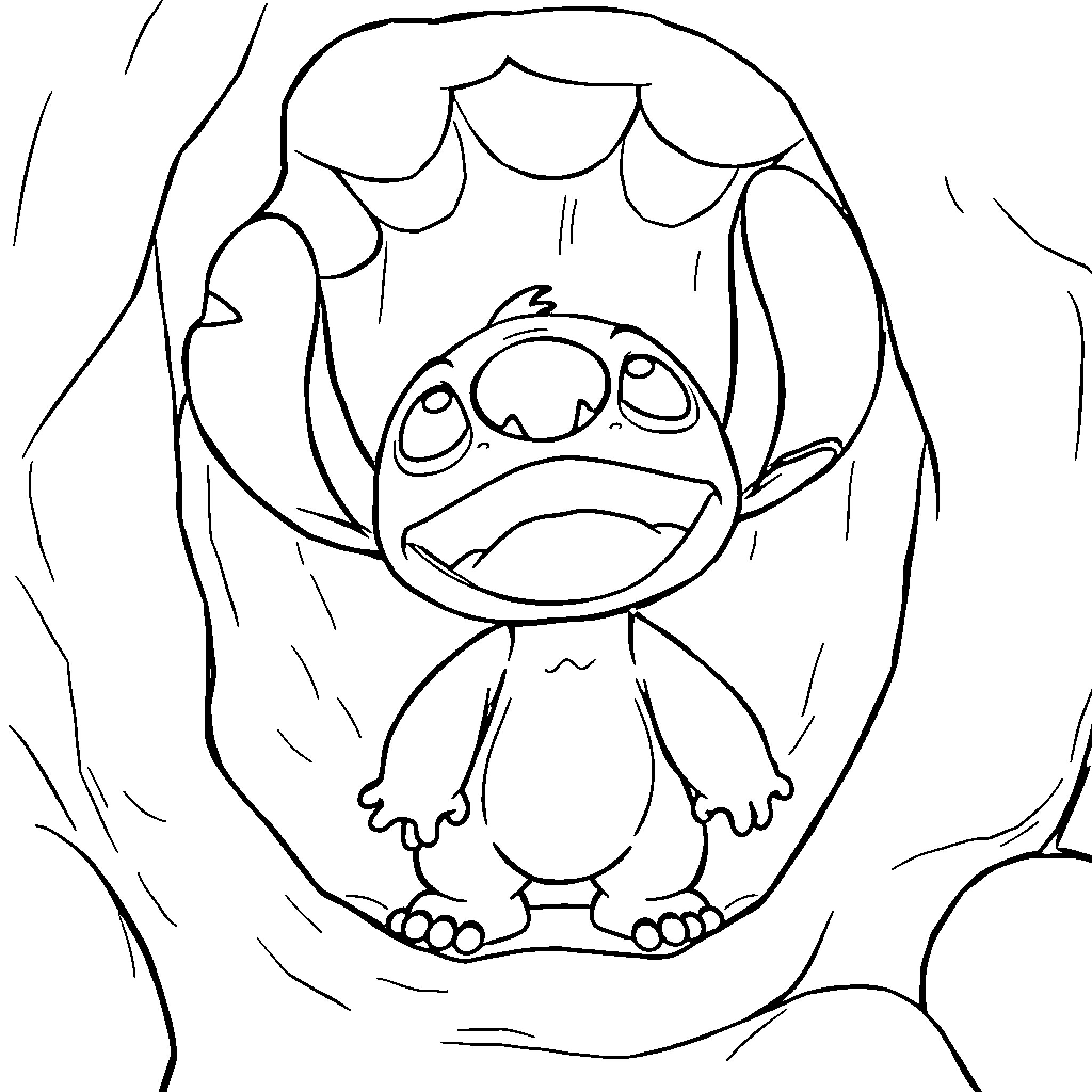 Stitch hiding under a tree in the rain Coloring Page (free black-and-white line drawing printable PDF for all, from beginners to advanced learners, including children, teens, adults, and seniors)