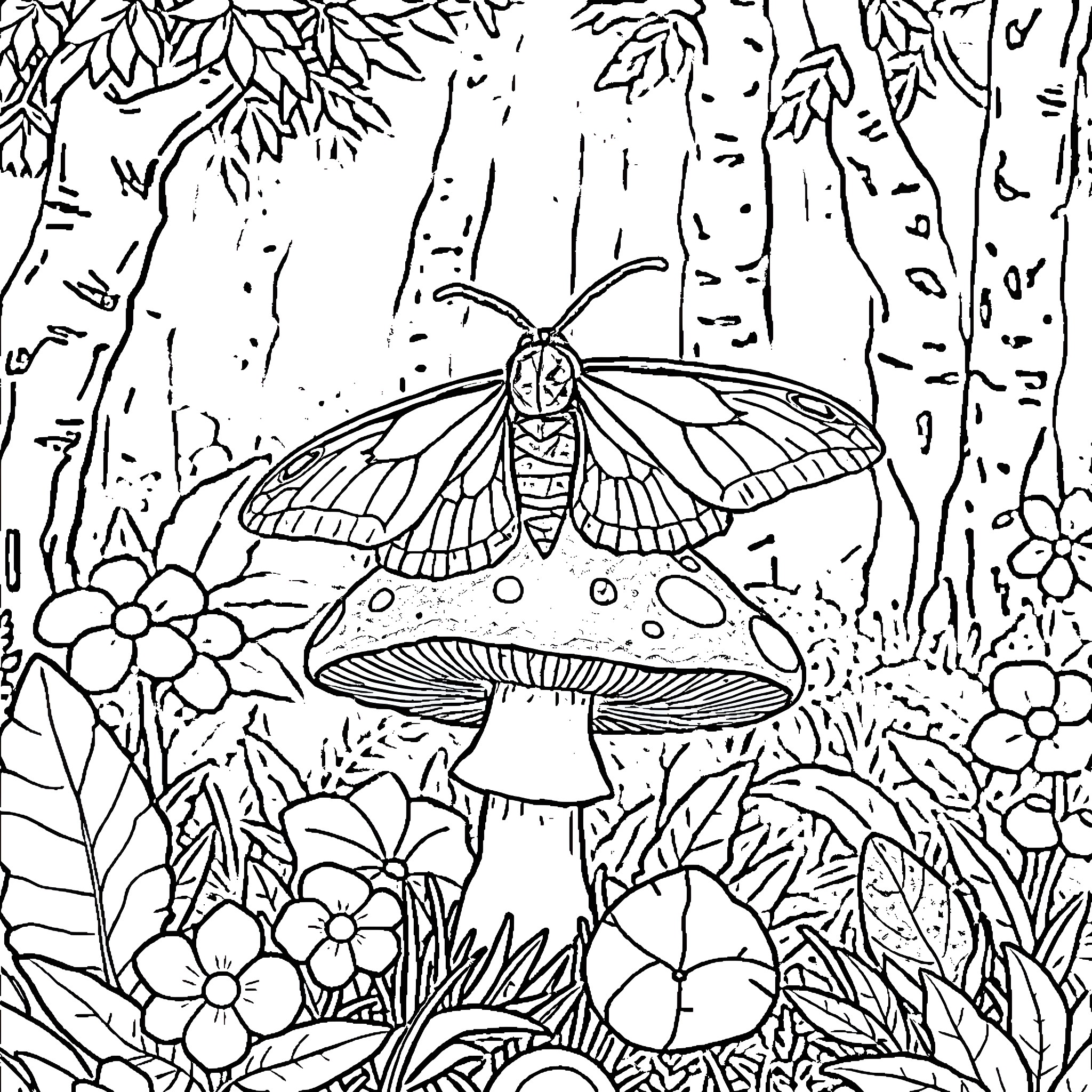 Moth resting peacefully on a mushroom in the forest Coloring Page (free black-and-white line drawing printable PDF for all, from beginners to advanced learners, including children, teens, adults, and seniors)