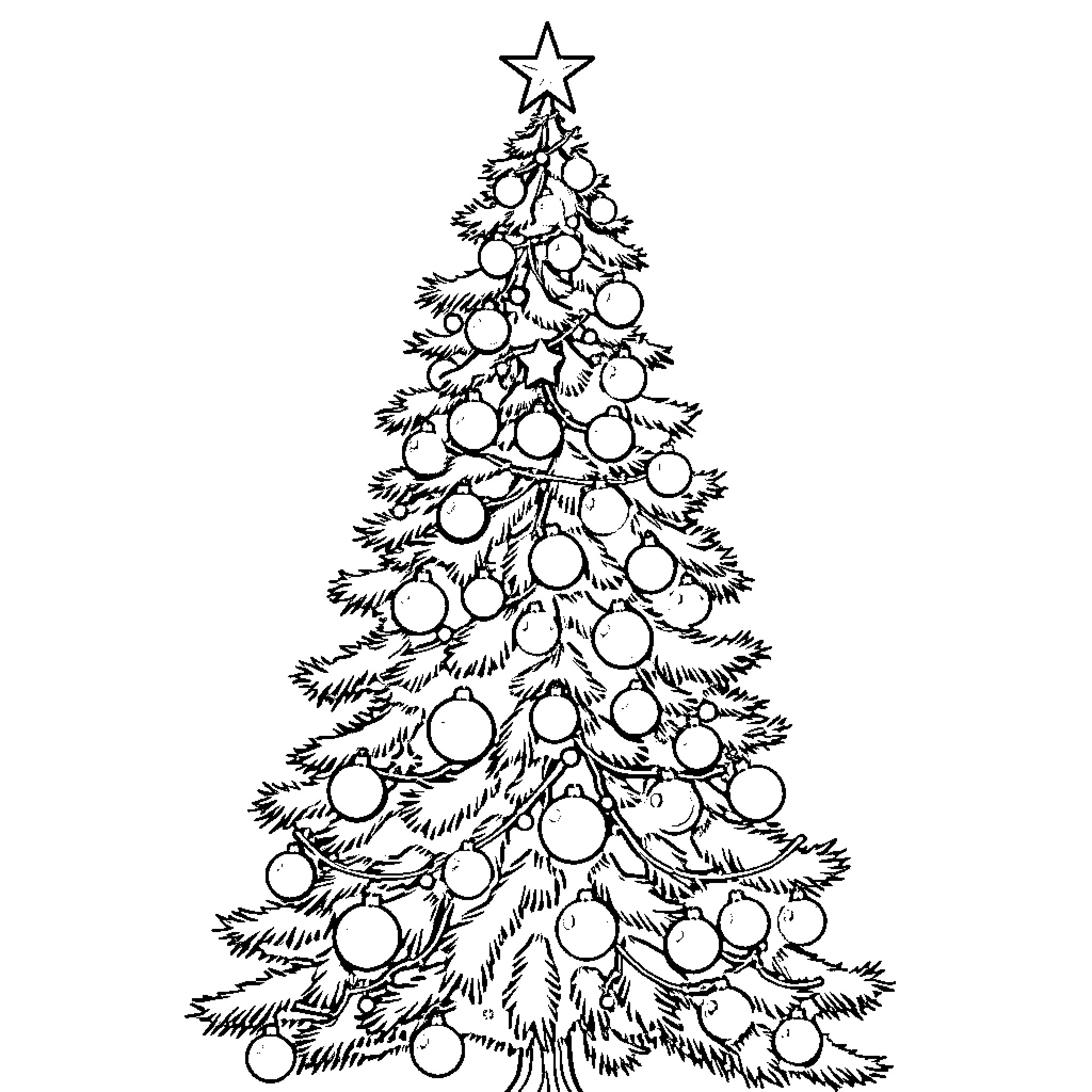 Christmas Tree with Decorative Ornaments Coloring Page (free black-and-white line drawing printable PDF for all, from beginners to advanced learners, including children, teens, adults, and seniors)