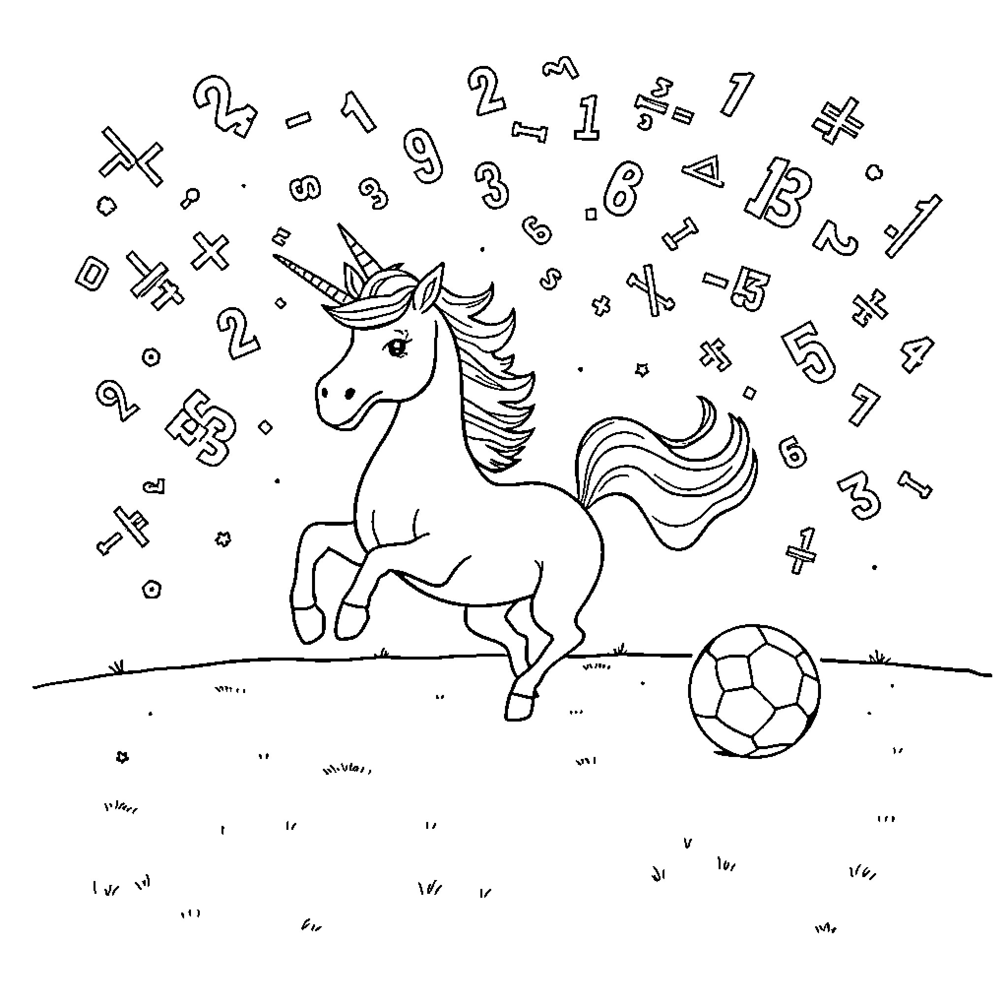 Unicorn playing with soccer ball and numbers Coloring Page (free black-and-white line drawing printable PDF for all, from beginners to advanced learners, including children, teens, adults, and seniors)