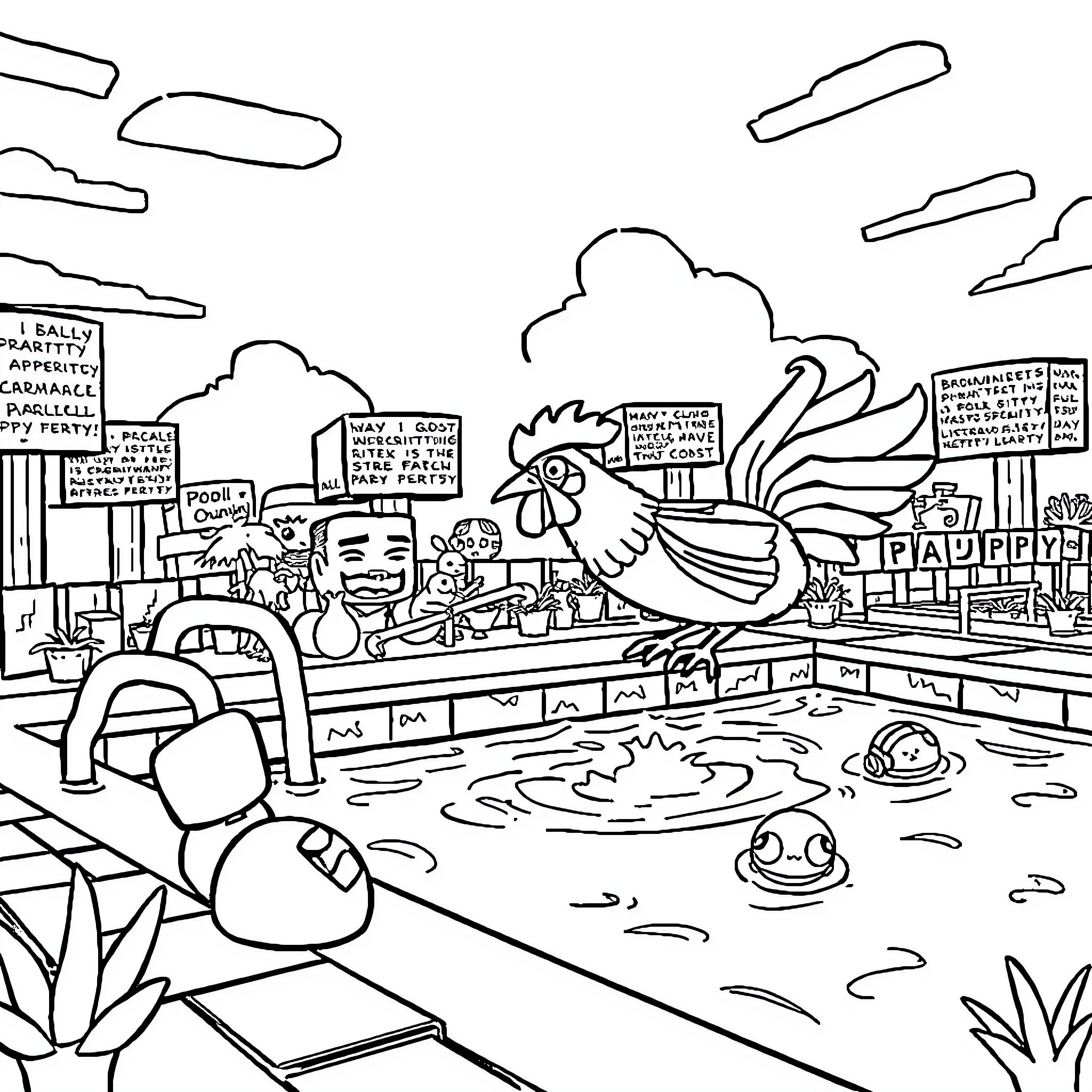 Chicken Enjoying a Day at the Carnival Coloring Page (free black-and-white line drawing printable PDF for all, from beginners to advanced learners, including children, teens, adults, and seniors)