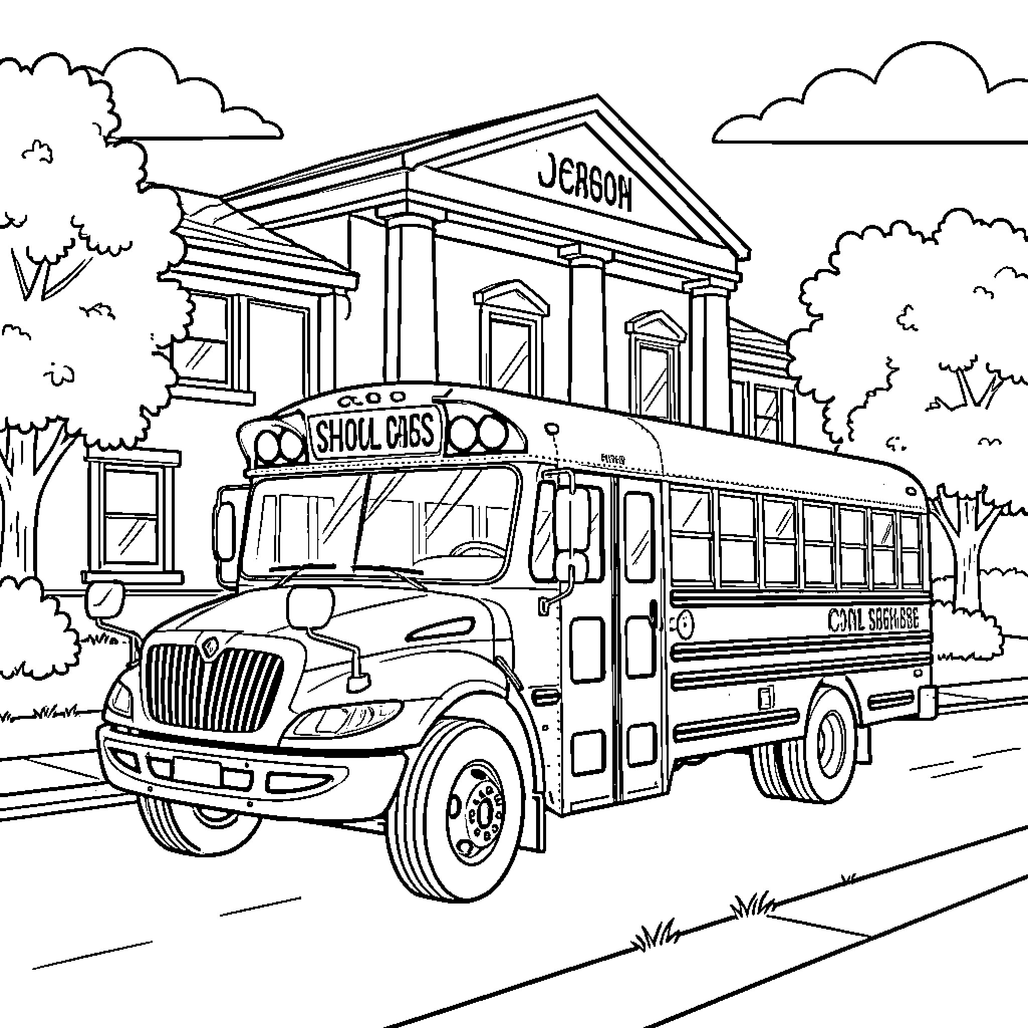 Bus carrying students to school with shop in the background Coloring Page (free black-and-white line drawing printable PDF for all, from beginners to advanced learners, including children, teens, adults, and seniors)