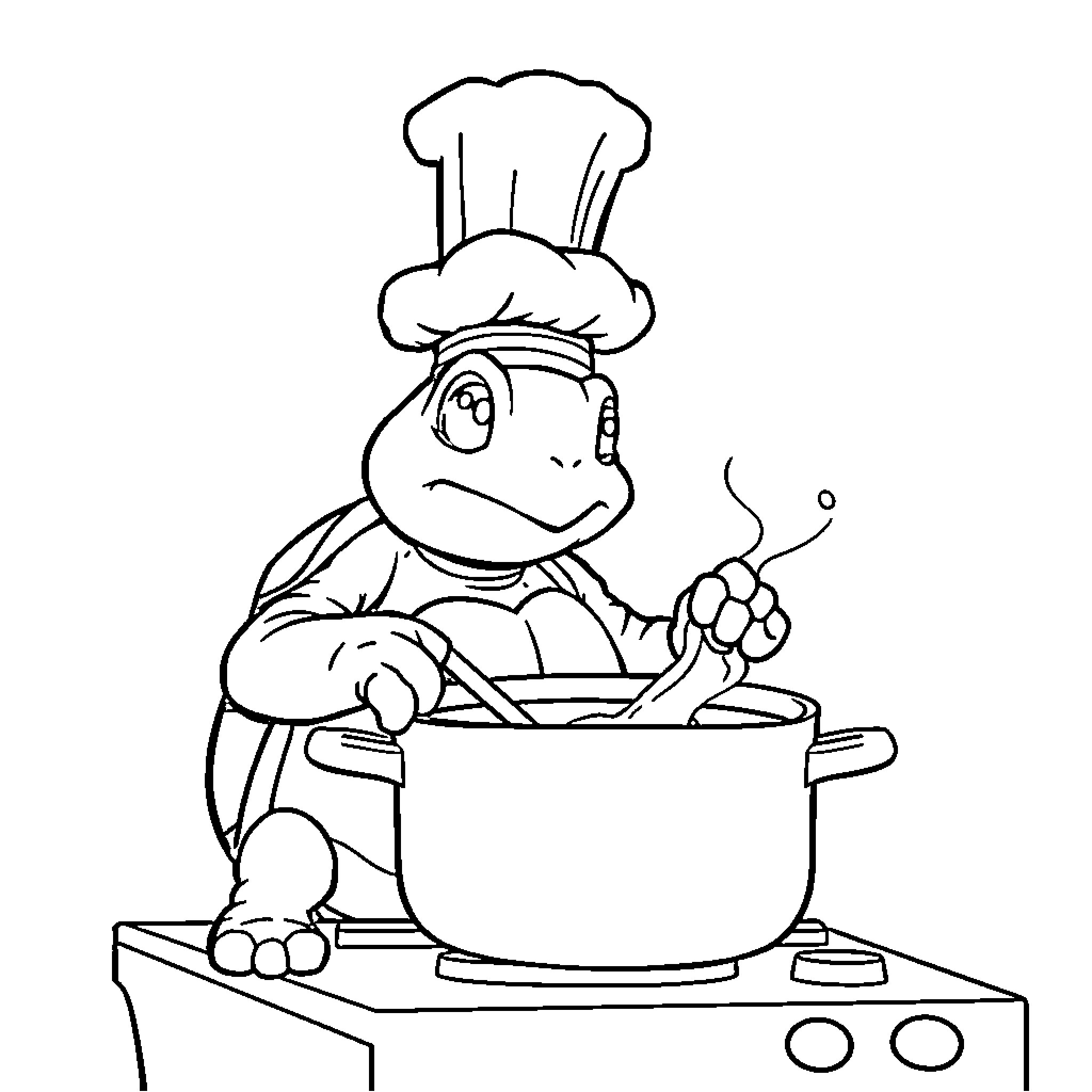 Turtle chef cooking in the kitchen Coloring Page (free black-and-white line drawing printable PDF for all, from beginners to advanced learners, including children, teens, adults, and seniors)