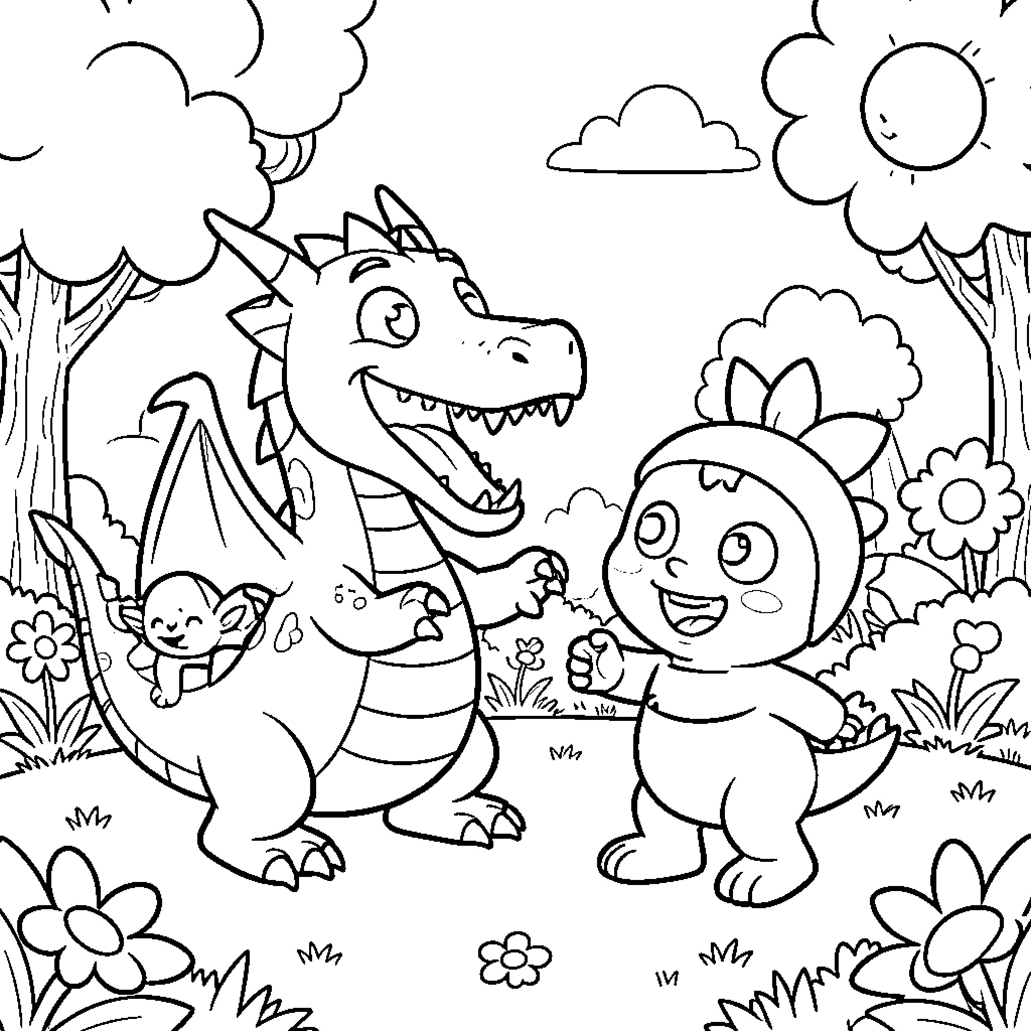 Toothless dragon and happy dinosaur playing in the forest Coloring Page (free black-and-white line drawing printable PDF for all, from beginners to advanced learners, including children, teens, adults, and seniors)