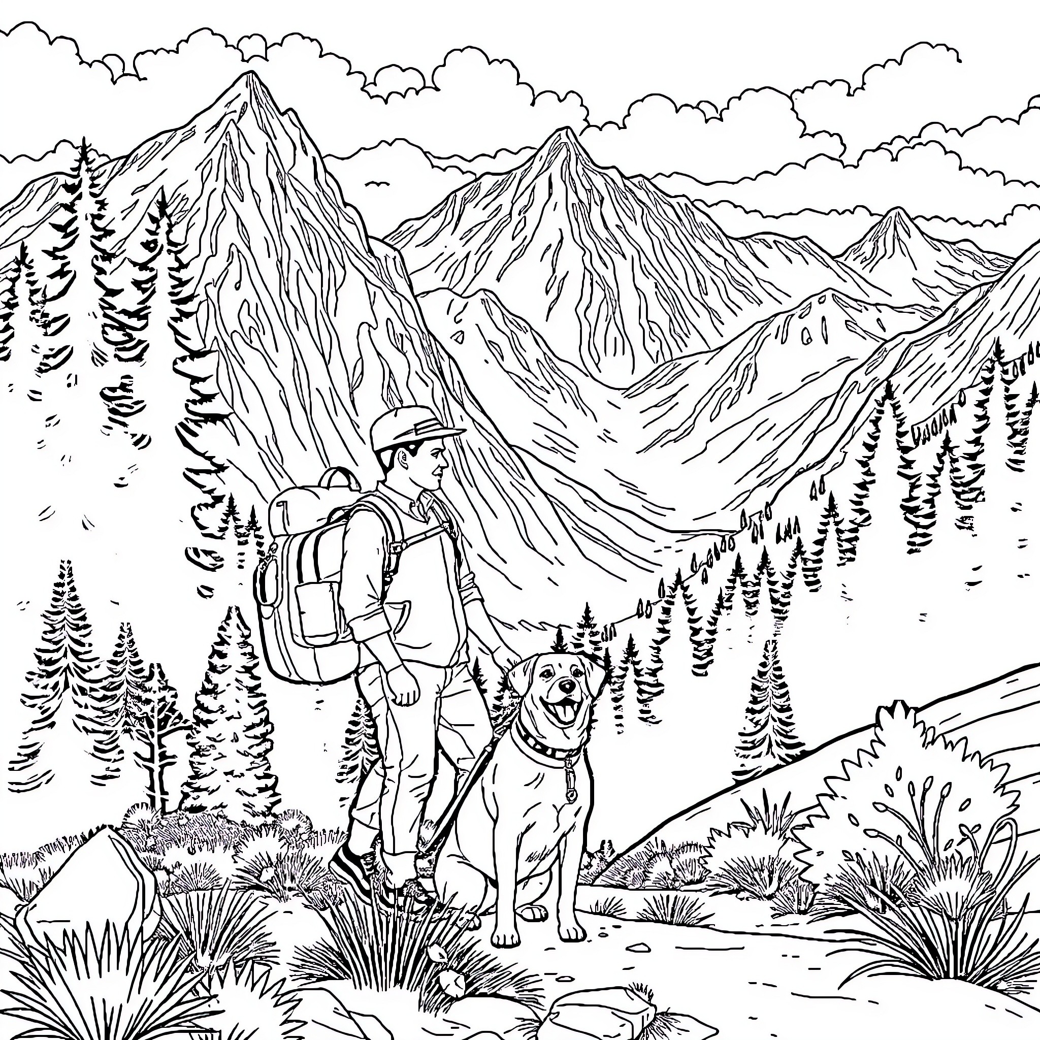 Man hiking with his dog in the mountain landscape Coloring Page (free black-and-white line drawing printable PDF for all, from beginners to advanced learners, including children, teens, adults, and seniors)
