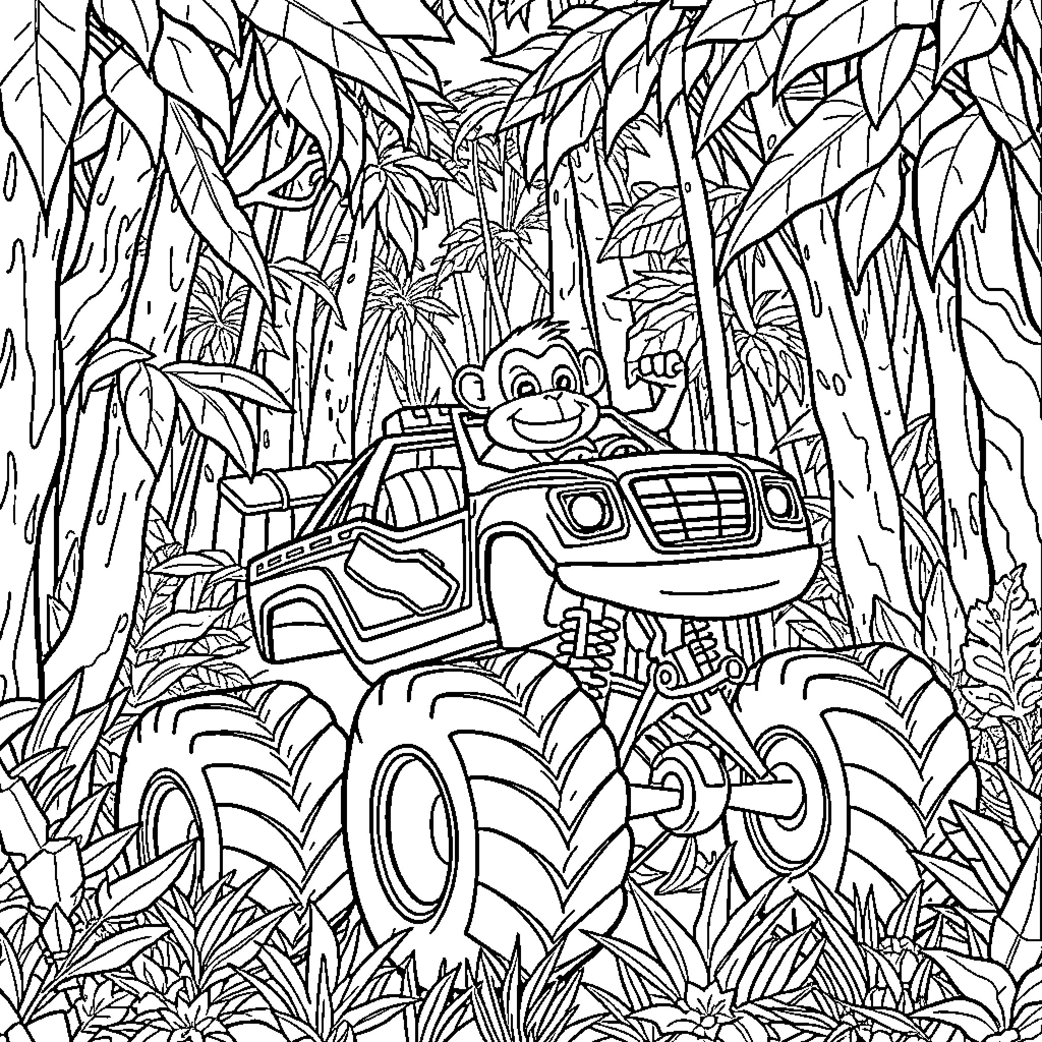 Monkey driving a monster truck through the jungle Coloring Page (free black-and-white line drawing printable PDF for all, from beginners to advanced learners, including children, teens, adults, and seniors)