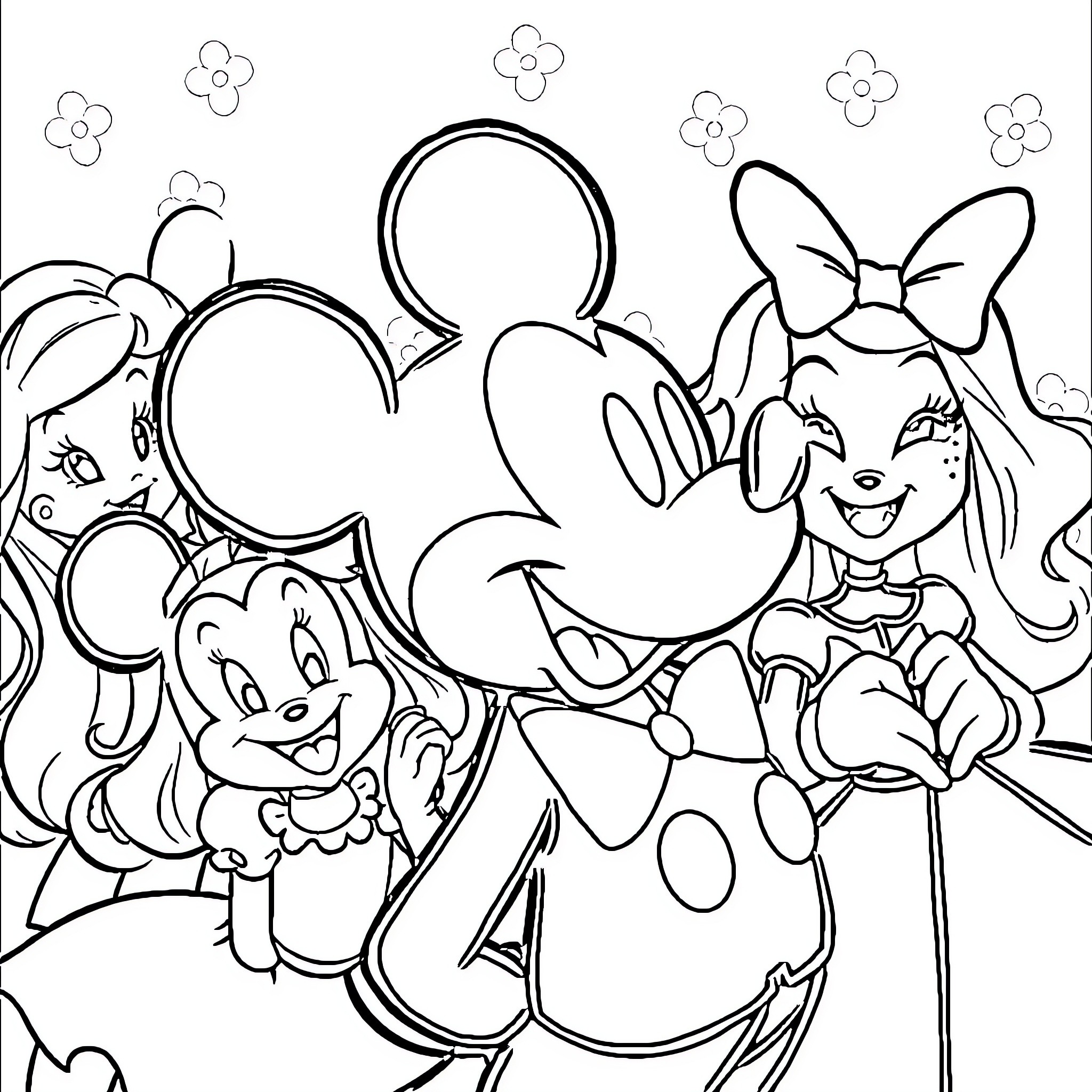 Mickey and friends enjoying playful poses Coloring Page (free black-and-white line drawing printable PDF for all, from beginners to advanced learners, including children, teens, adults, and seniors)