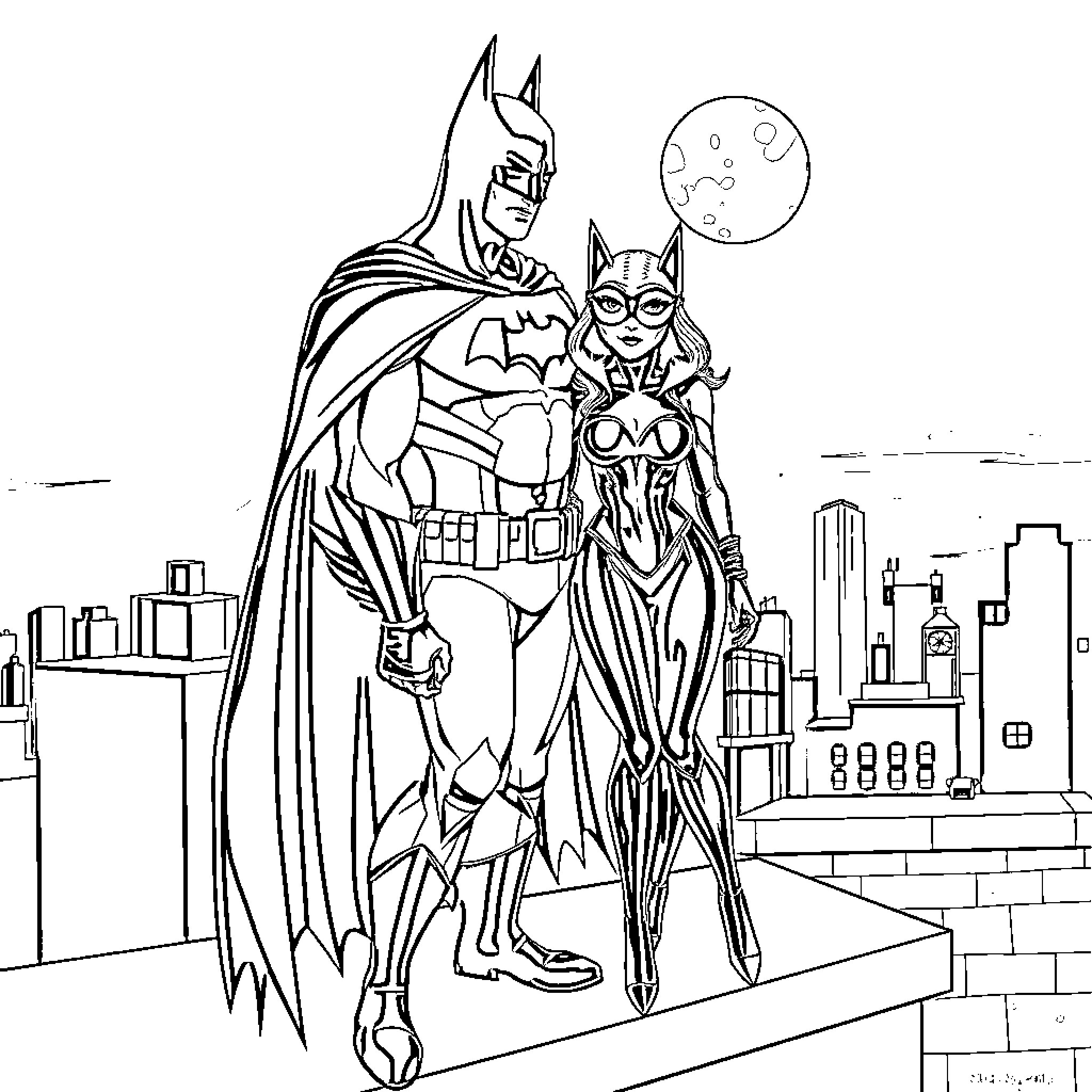 Catwoman and Batman standing heroically in the city Coloring Page (free black-and-white line drawing printable PDF for all, from beginners to advanced learners, including children, teens, adults, and seniors)