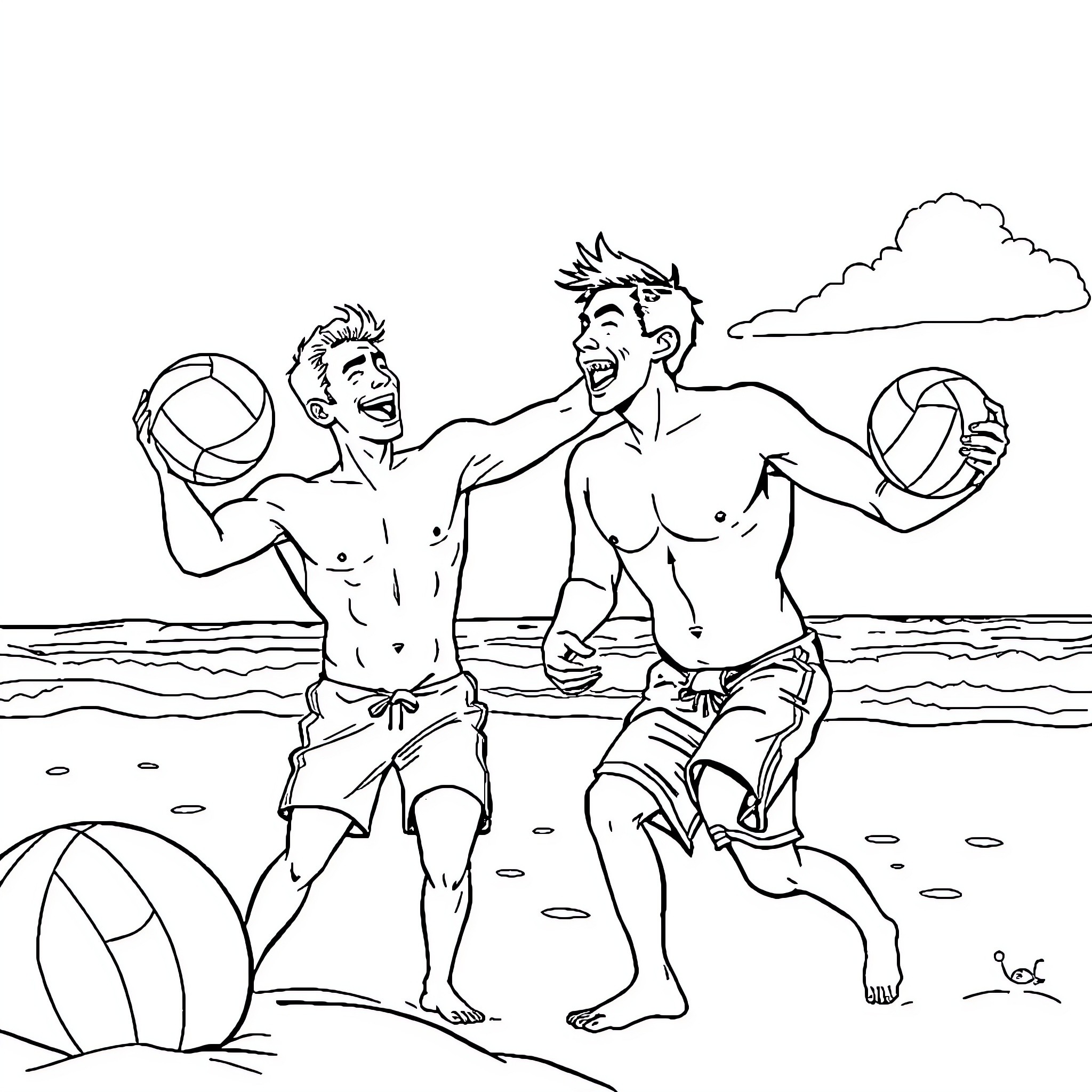 Tom Sandoval and friend playing beach volleyball with enthusiasm Coloring Page (free black-and-white line drawing printable PDF for all, from beginners to advanced learners, including children, teens, adults, and seniors)
