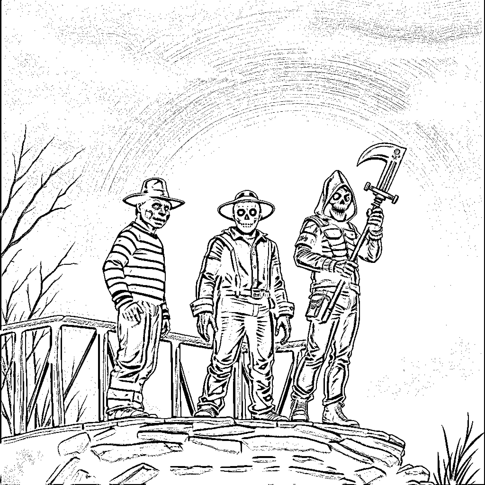 Freddy's spooky encounters with strange characters Coloring Page (free black-and-white line drawing printable PDF for all, from beginners to advanced learners, including children, teens, adults, and seniors)
