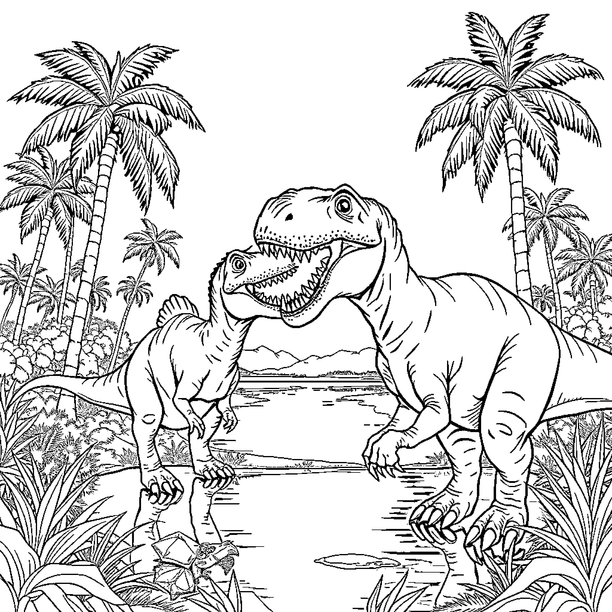 Dinosaurs roaming in a lush jungle environment Coloring Page (free black-and-white line drawing printable PDF for all, from beginners to advanced learners, including children, teens, adults, and seniors)