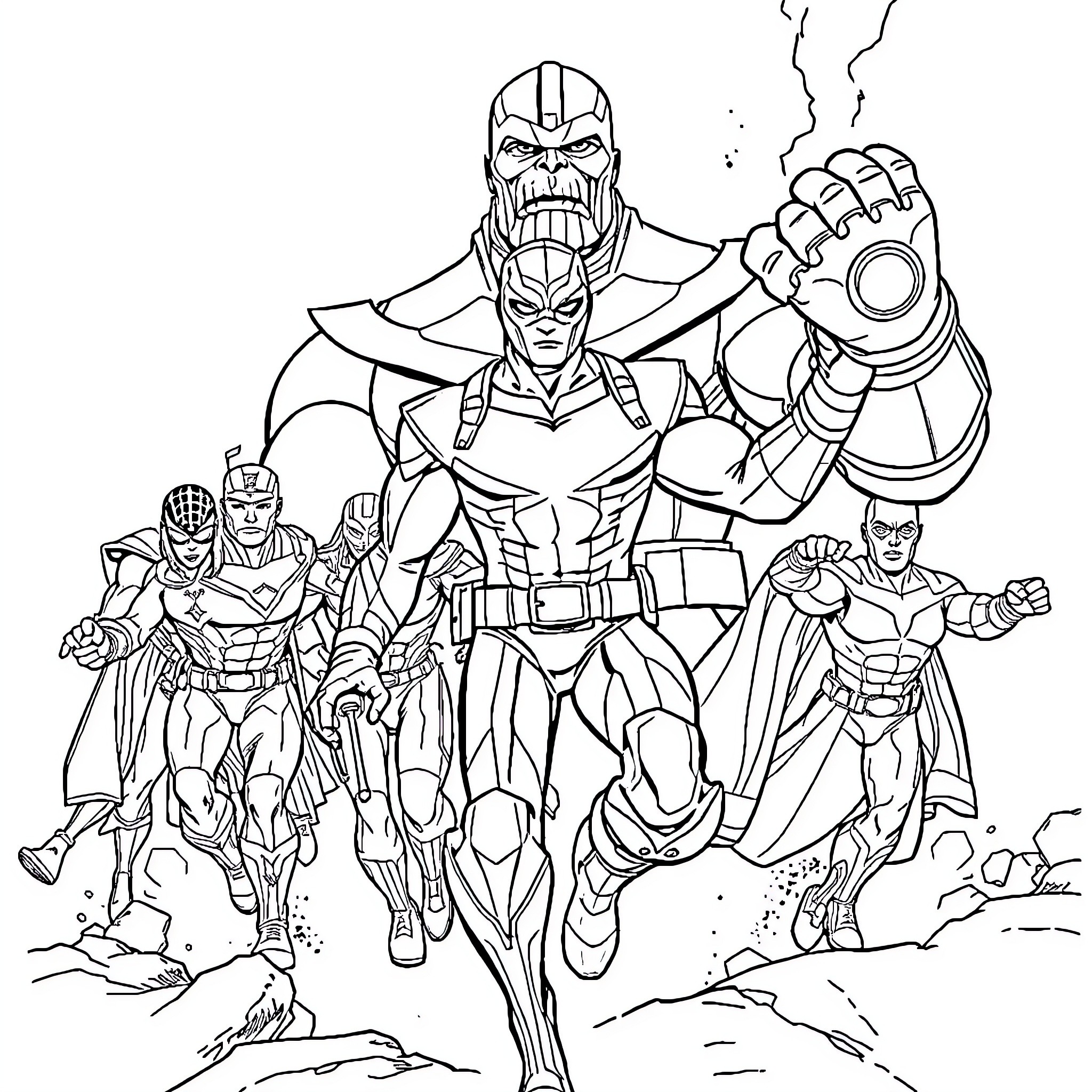Captain Falcon and His Superhero Comrades in Action Coloring Page (free black-and-white line drawing printable PDF for all, from beginners to advanced learners, including children, teens, adults, and seniors)