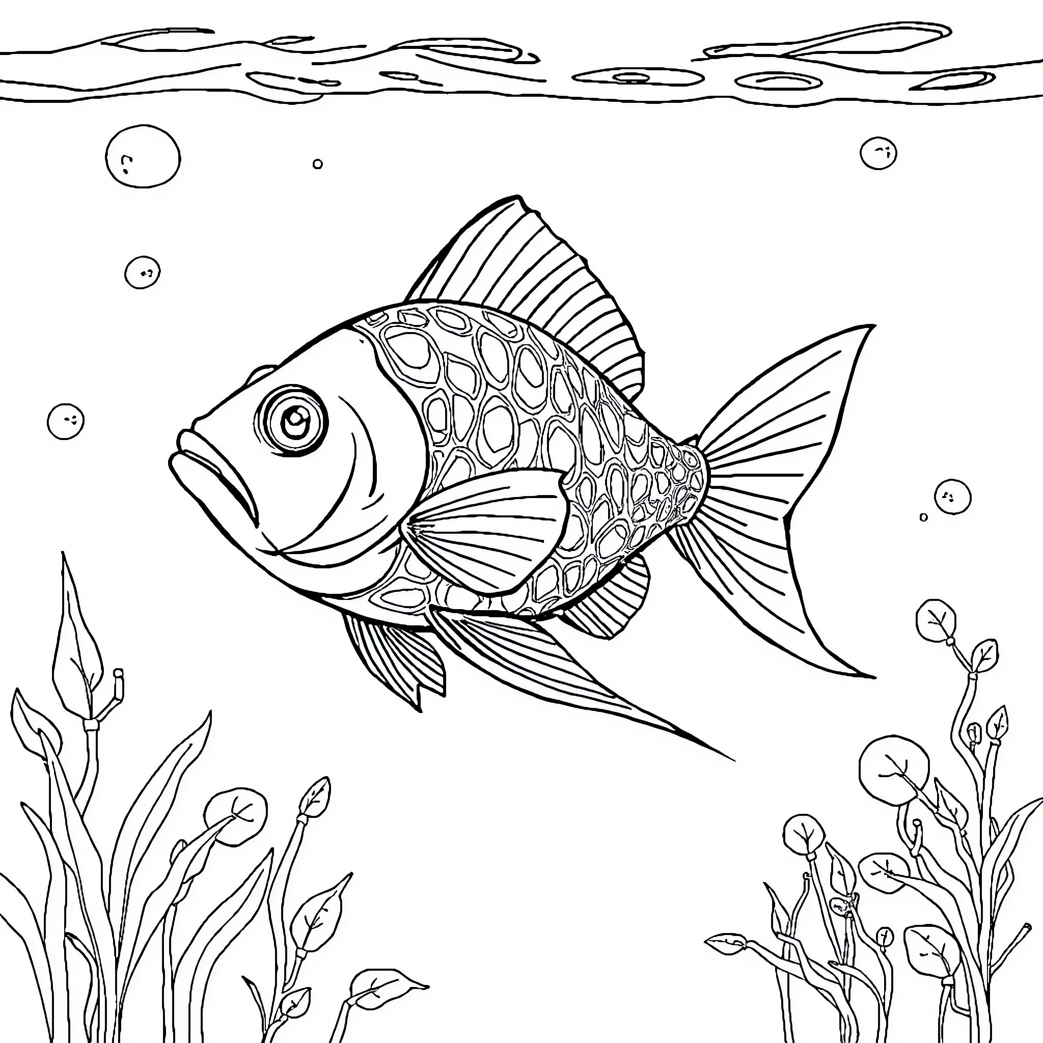 Fish swimming playfully in the underwater scene Coloring Page (free black-and-white line drawing printable PDF for all, from beginners to advanced learners, including children, teens, adults, and seniors)