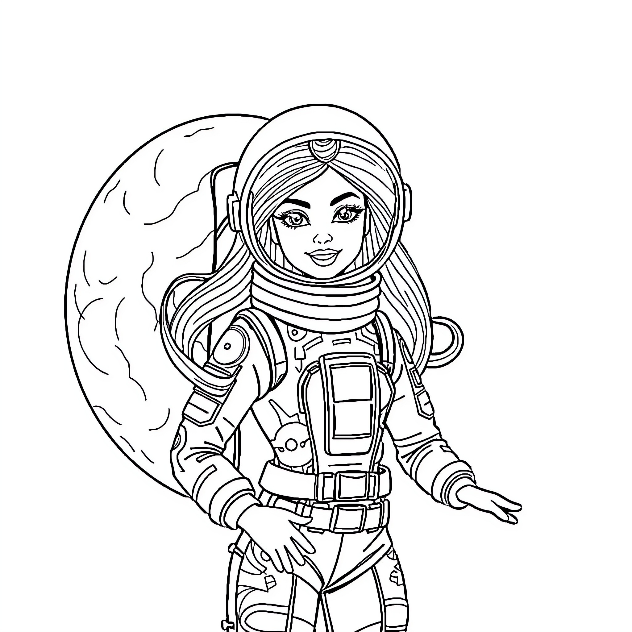 Astronaut Barbie explores the lunar surface Coloring Page (free black-and-white line drawing printable PDF for all, from beginners to advanced learners, including children, teens, adults, and seniors)