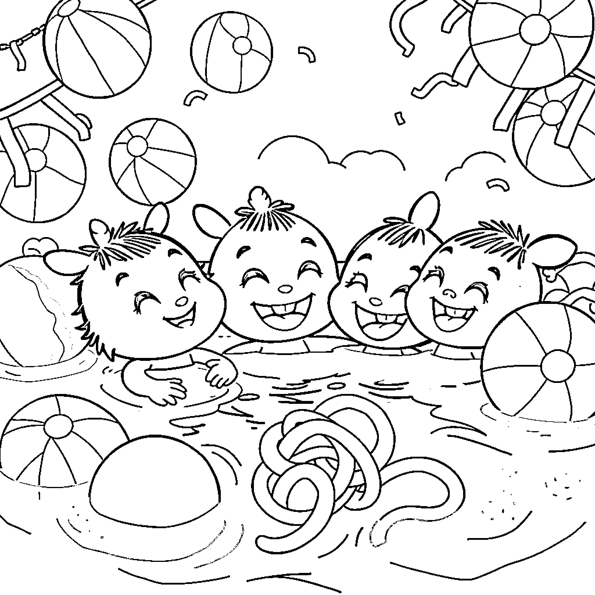 Labubu's playful day at the beach Coloring Page (free black-and-white line drawing printable PDF for all, from beginners to advanced learners, including children, teens, adults, and seniors)