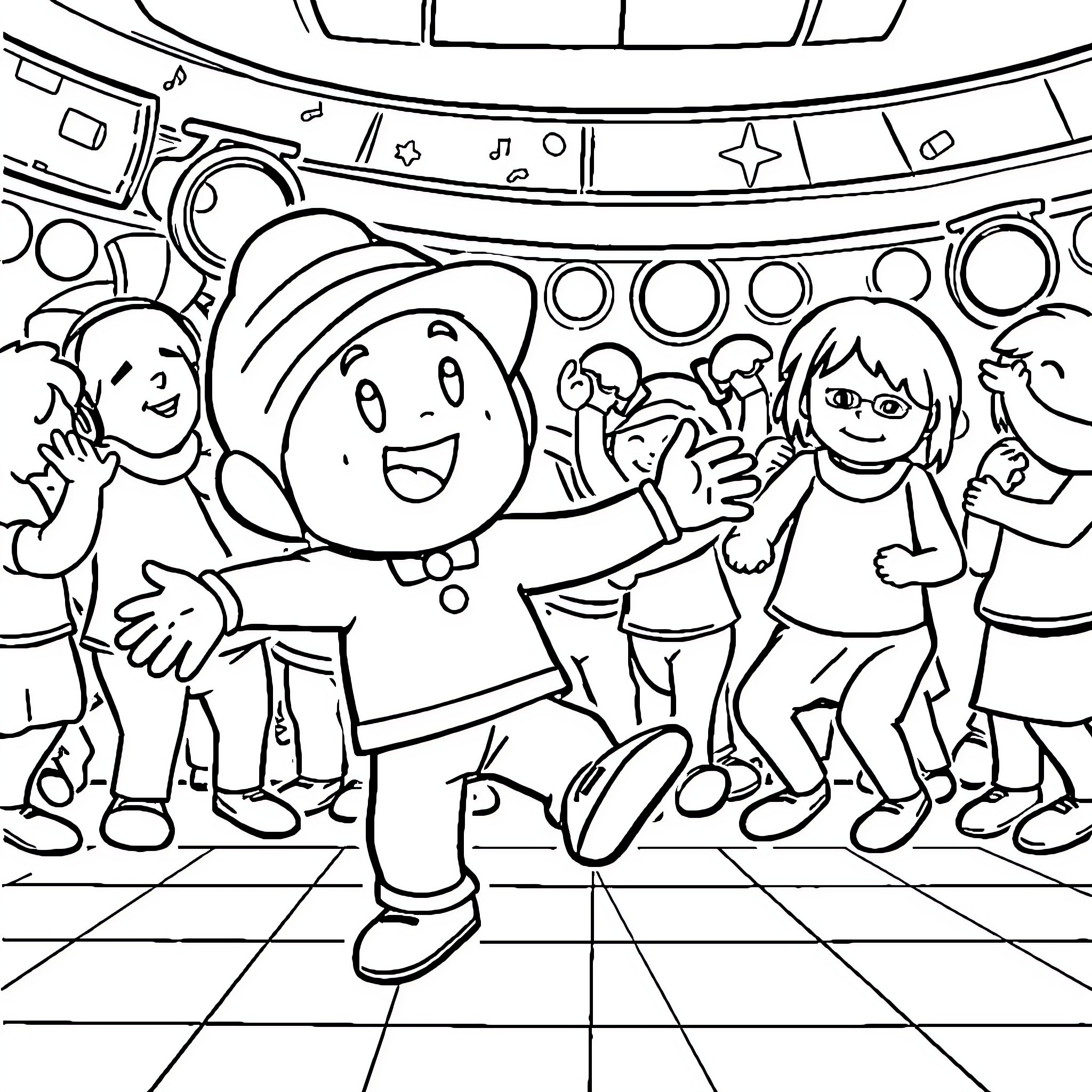 Pocoyo and friends having a fun party Coloring Page (free black-and-white line drawing printable PDF for all, from beginners to advanced learners, including children, teens, adults, and seniors)