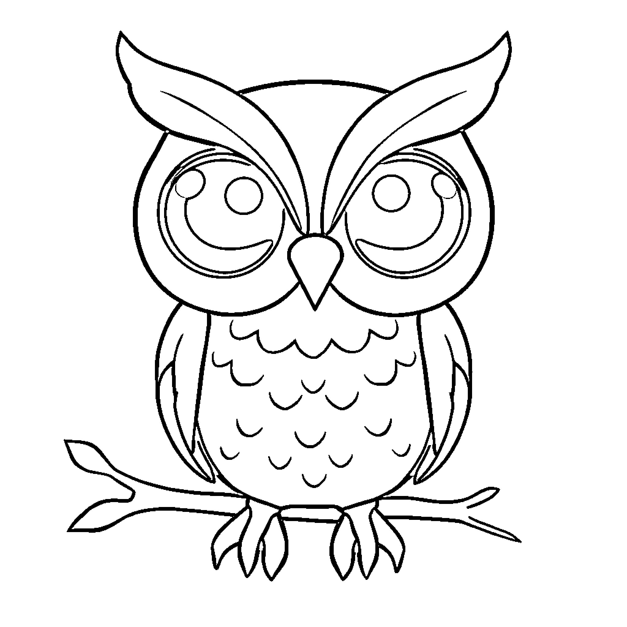 Owl with Expressive Eyes on Branch Coloring Page (free black-and-white line drawing printable PDF for all, from beginners to advanced learners, including children, teens, adults, and seniors)