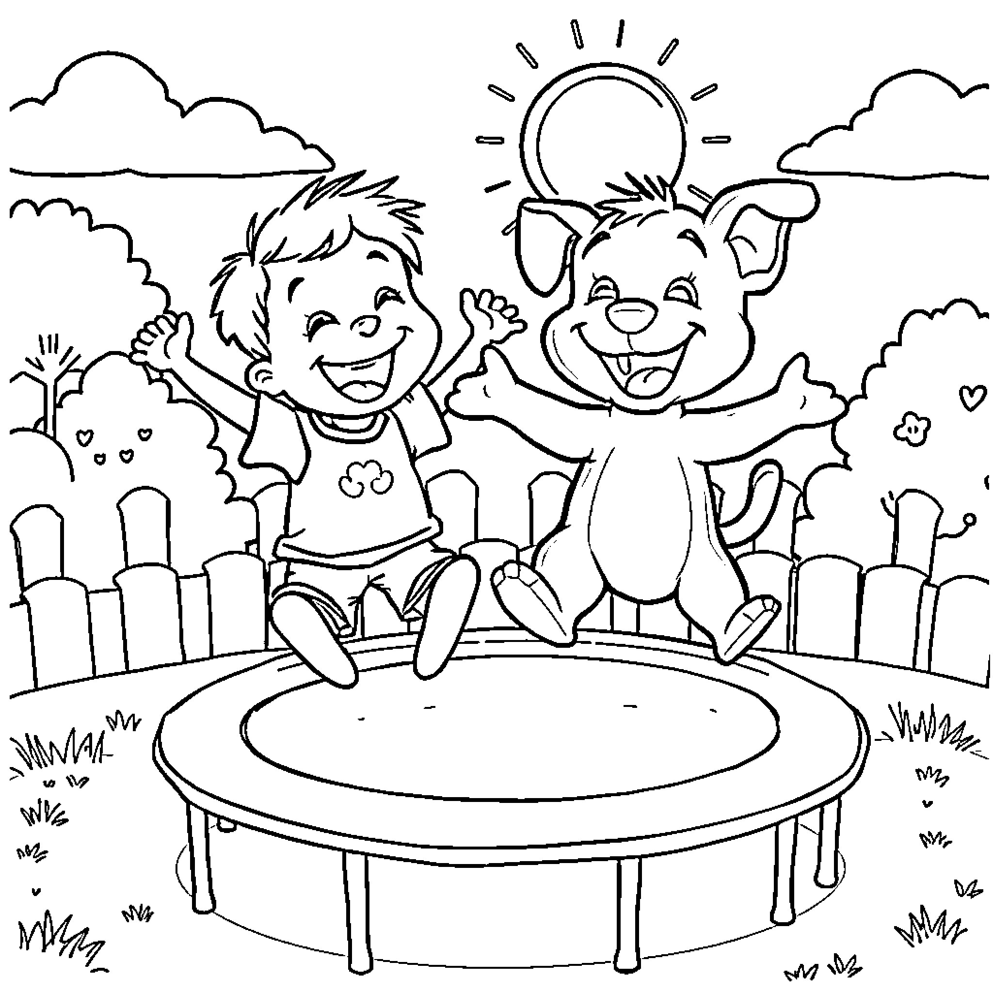 Bluey and friends playing on a trampoline Coloring Page (free black-and-white line drawing printable PDF for all, from beginners to advanced learners, including children, teens, adults, and seniors)