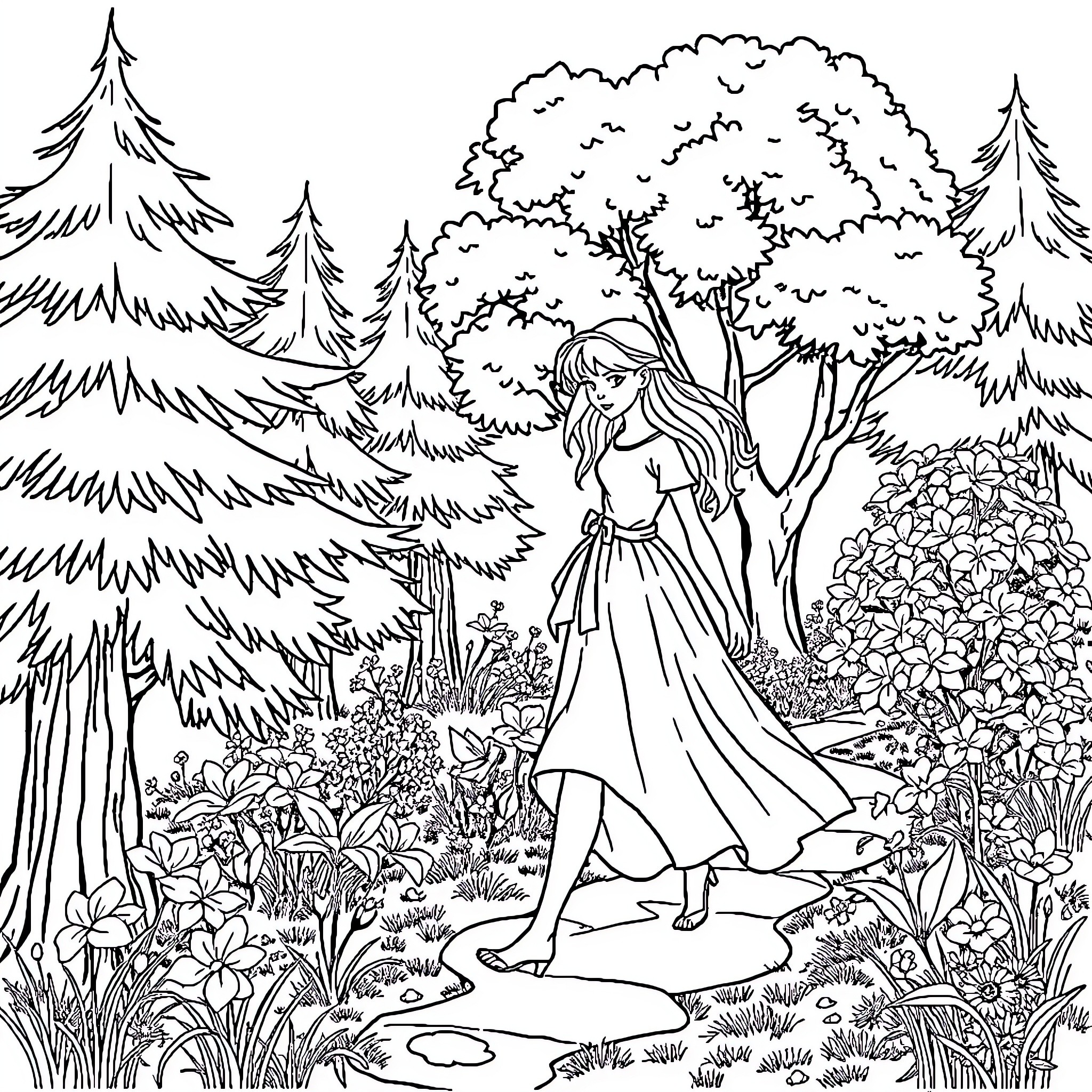 Snow White in a Lush Forest Landscape Coloring Page (free black-and-white line drawing printable PDF for all, from beginners to advanced learners, including children, teens, adults, and seniors)
