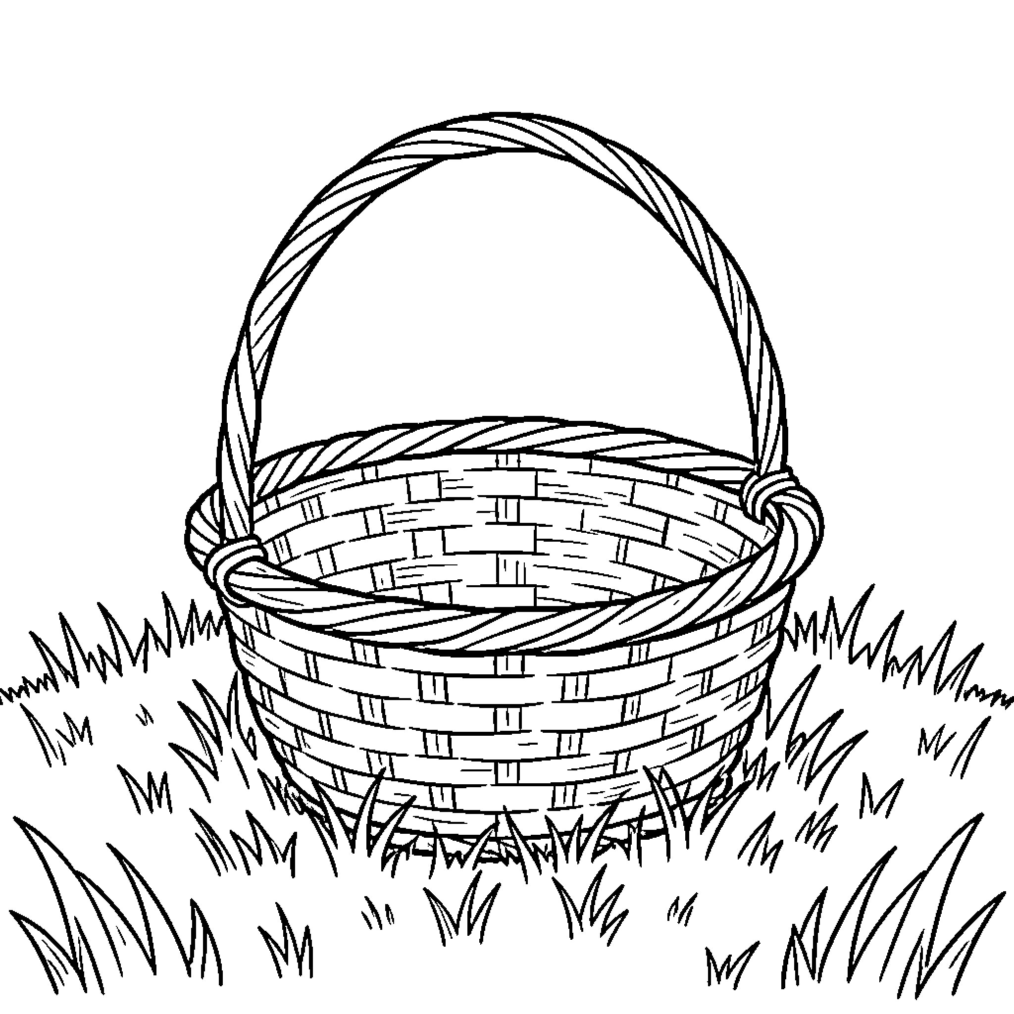 Easter Basket in Grassy Field Coloring Page (free black-and-white line drawing printable PDF for all, from beginners to advanced learners, including children, teens, adults, and seniors)