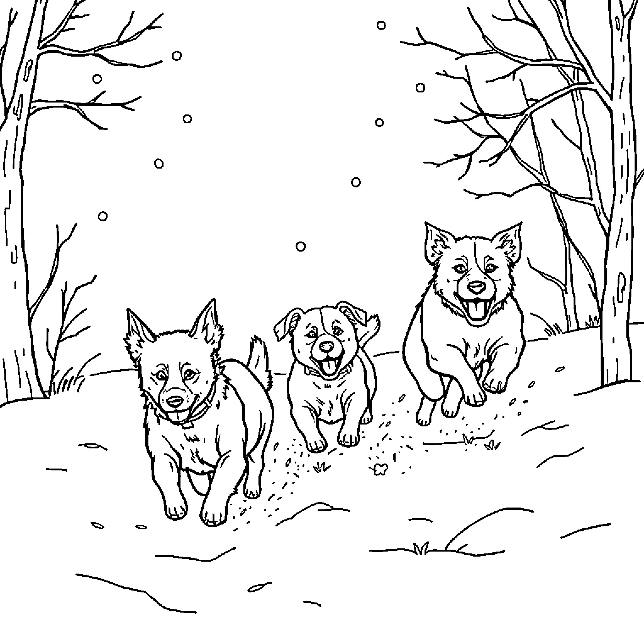 Dog playing happily in the snowy forest Coloring Page (free black-and-white line drawing printable PDF for all, from beginners to advanced learners, including children, teens, adults, and seniors)