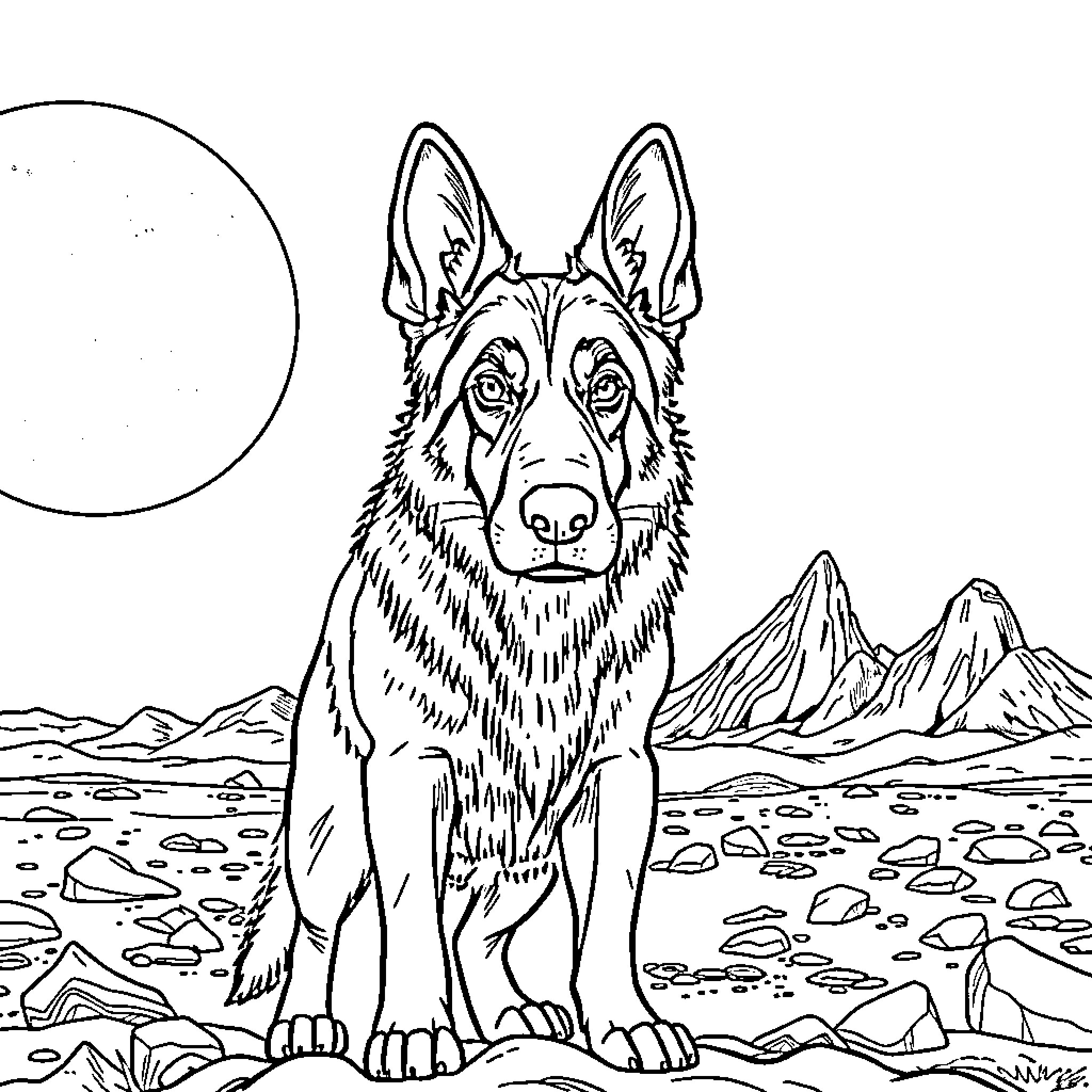 German Shepherd standing in a rocky landscape Coloring Page (free black-and-white line drawing printable PDF for all, from beginners to advanced learners, including children, teens, adults, and seniors)