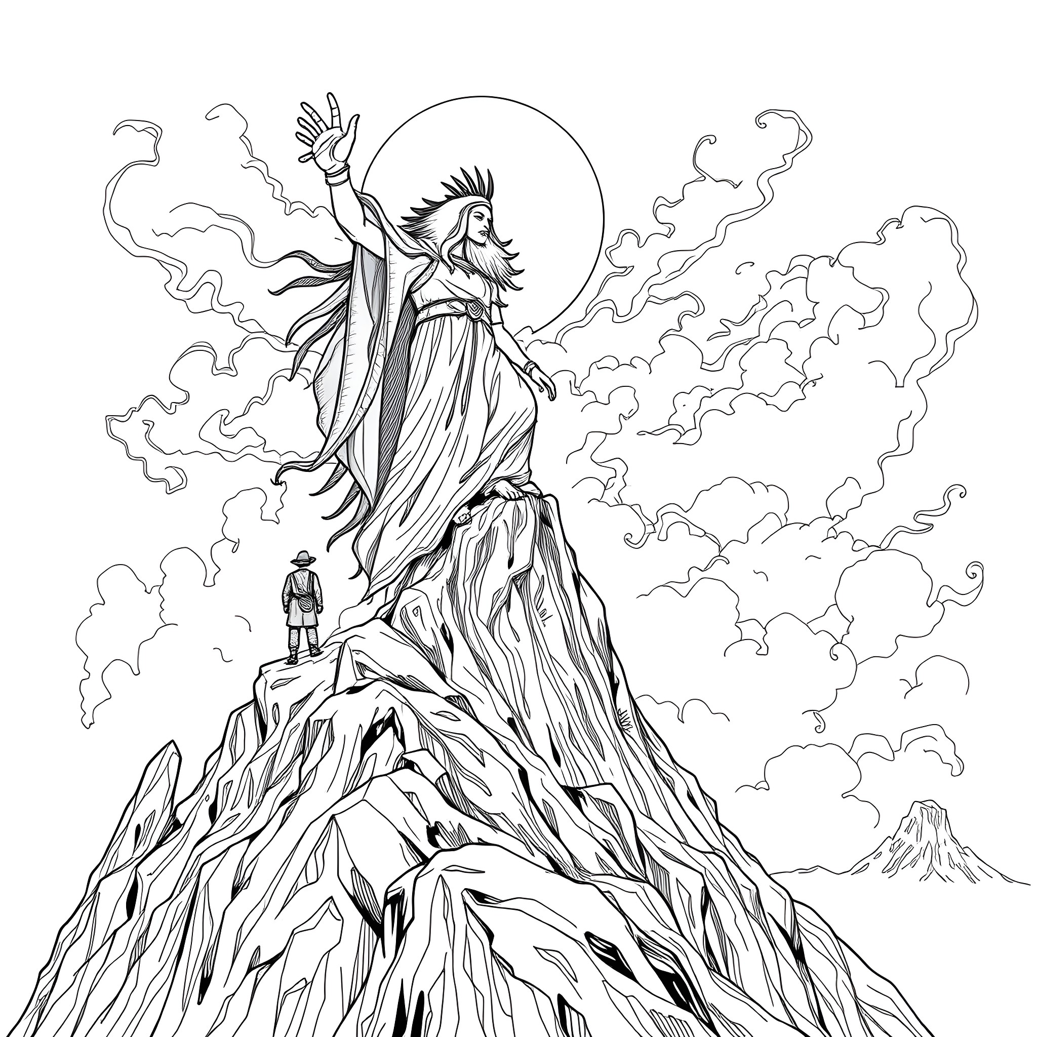 Spirit of the Mountain Stands Tall Coloring Page (free black-and-white line drawing printable PDF for all, from beginners to advanced learners, including children, teens, adults, and seniors)