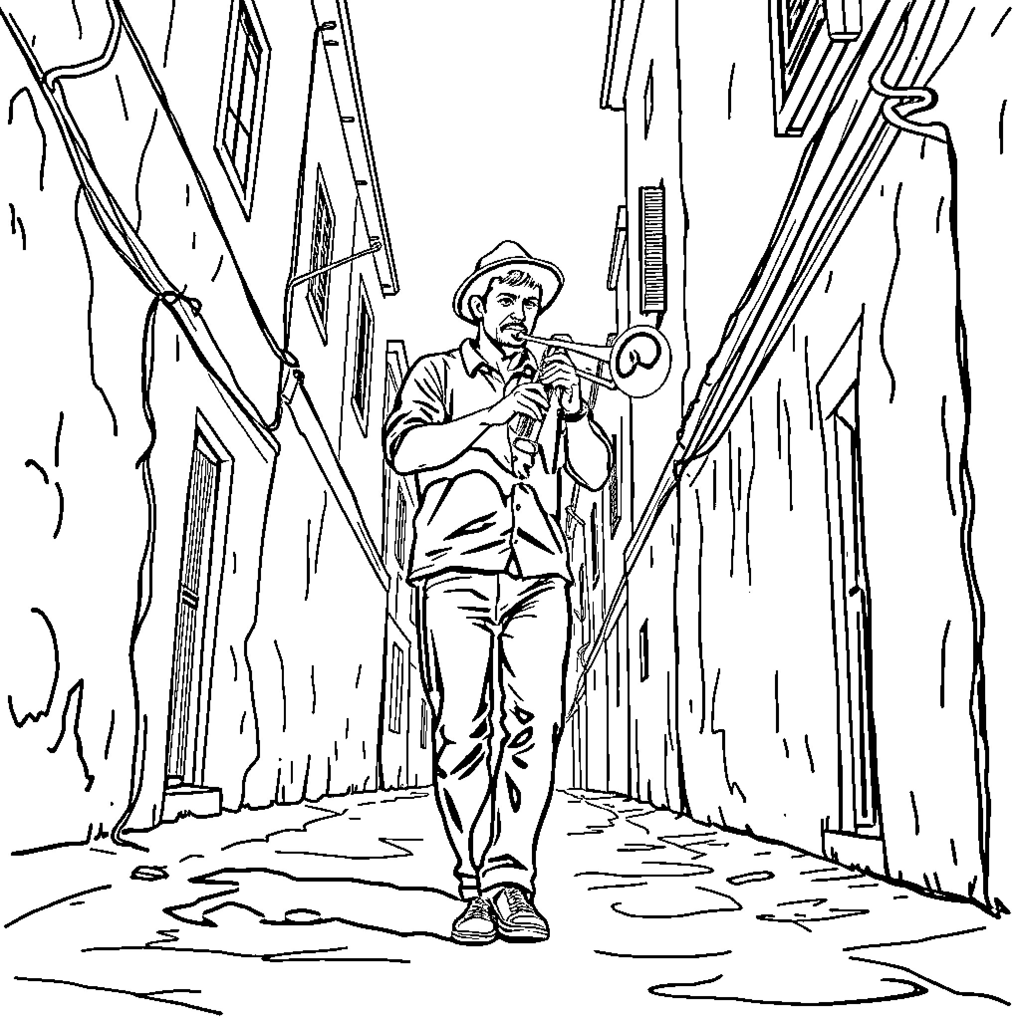 Man walking alone in a narrow alley with a megaphone Coloring Page (free black-and-white line drawing printable PDF for all, from beginners to advanced learners, including children, teens, adults, and seniors)