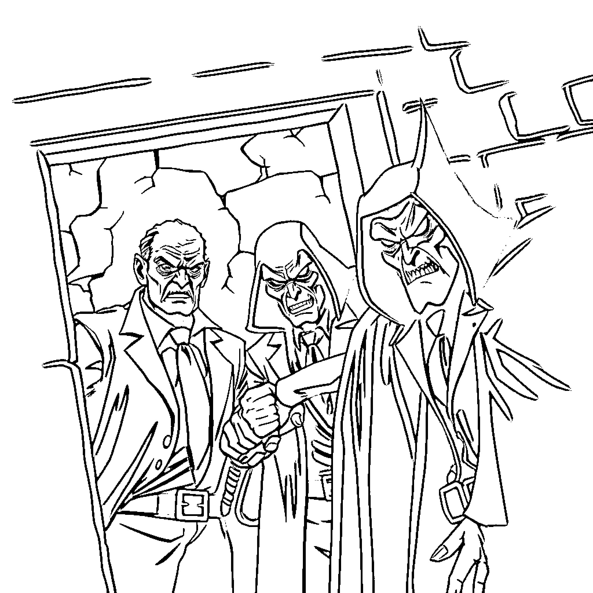 Bad Guys Plotting Sinister Scheme in Dark Alley Coloring Page (free black-and-white line drawing printable PDF for all, from beginners to advanced learners, including children, teens, adults, and seniors)