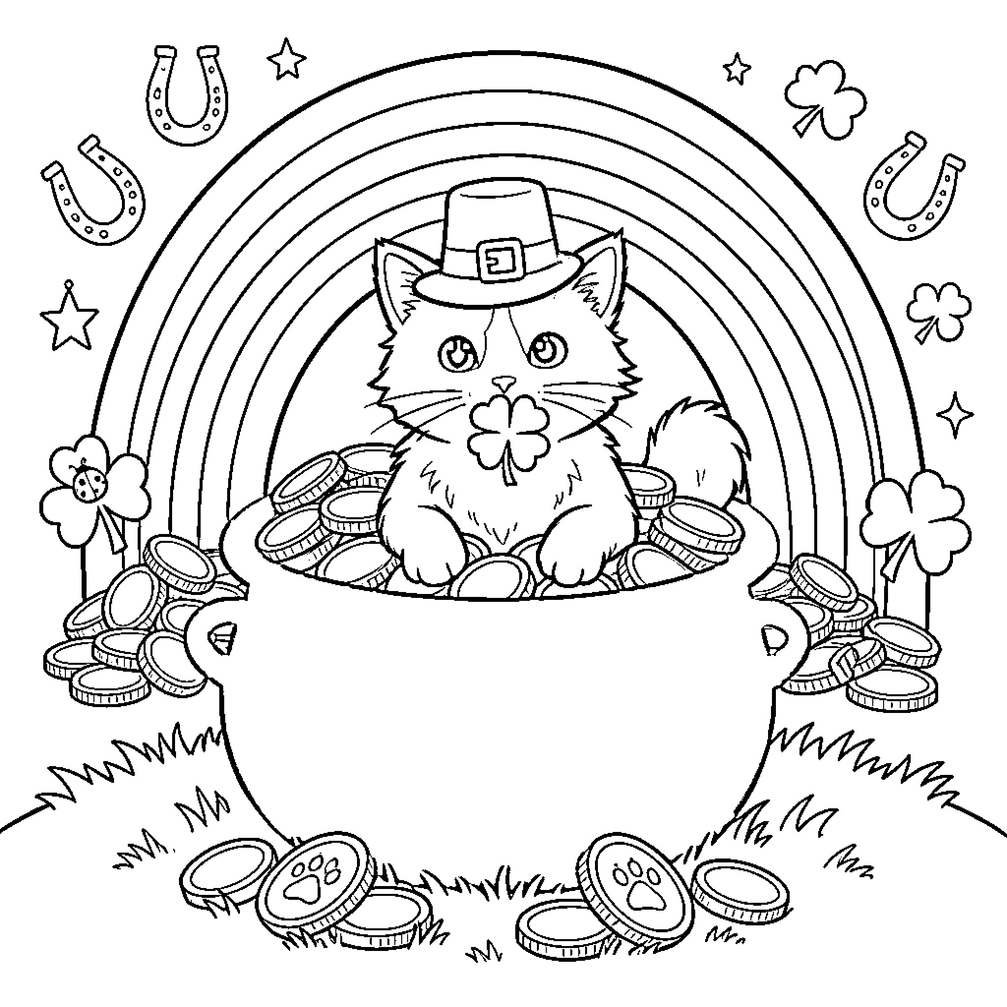 Cat in Leprechaun Outfit with Pot of Gold Coloring Page (free black-and-white line drawing printable PDF for all, from beginners to advanced learners, including children, teens, adults, and seniors)