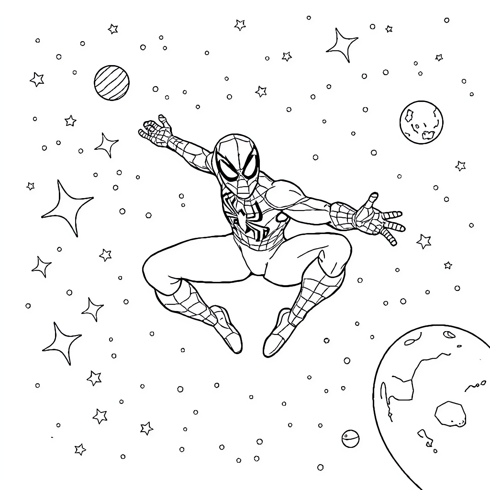 Spider-Man Soaring Through the Starry Cosmos Coloring Page (free black-and-white line drawing printable PDF for all, from beginners to advanced learners, including children, teens, adults, and seniors)