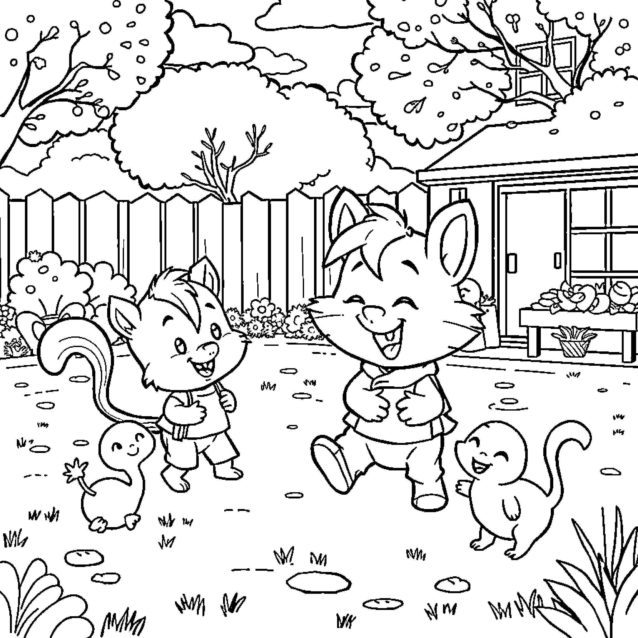 Sprunkin' Critters Cavorting in the Garden Coloring Page (free black-and-white line drawing printable PDF for all, from beginners to advanced learners, including children, teens, adults, and seniors)