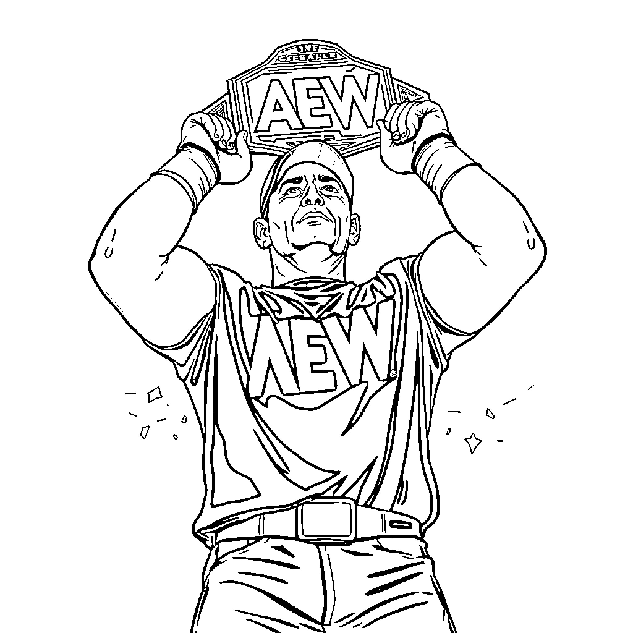 John Cena Proudly Holding the AEW Championship Belt Coloring Page (free black-and-white line drawing printable PDF for all, from beginners to advanced learners, including children, teens, adults, and seniors)