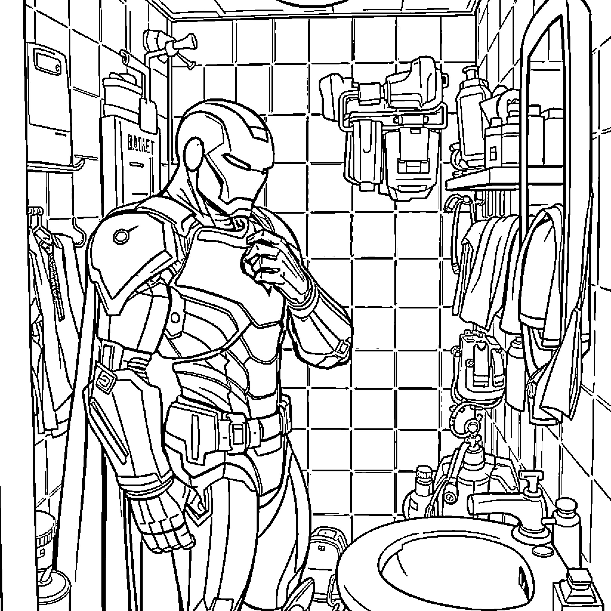 Iron Man Preparing for Action in Cluttered Workshop Coloring Page (free black-and-white line drawing printable PDF for all, from beginners to advanced learners, including children, teens, adults, and seniors)