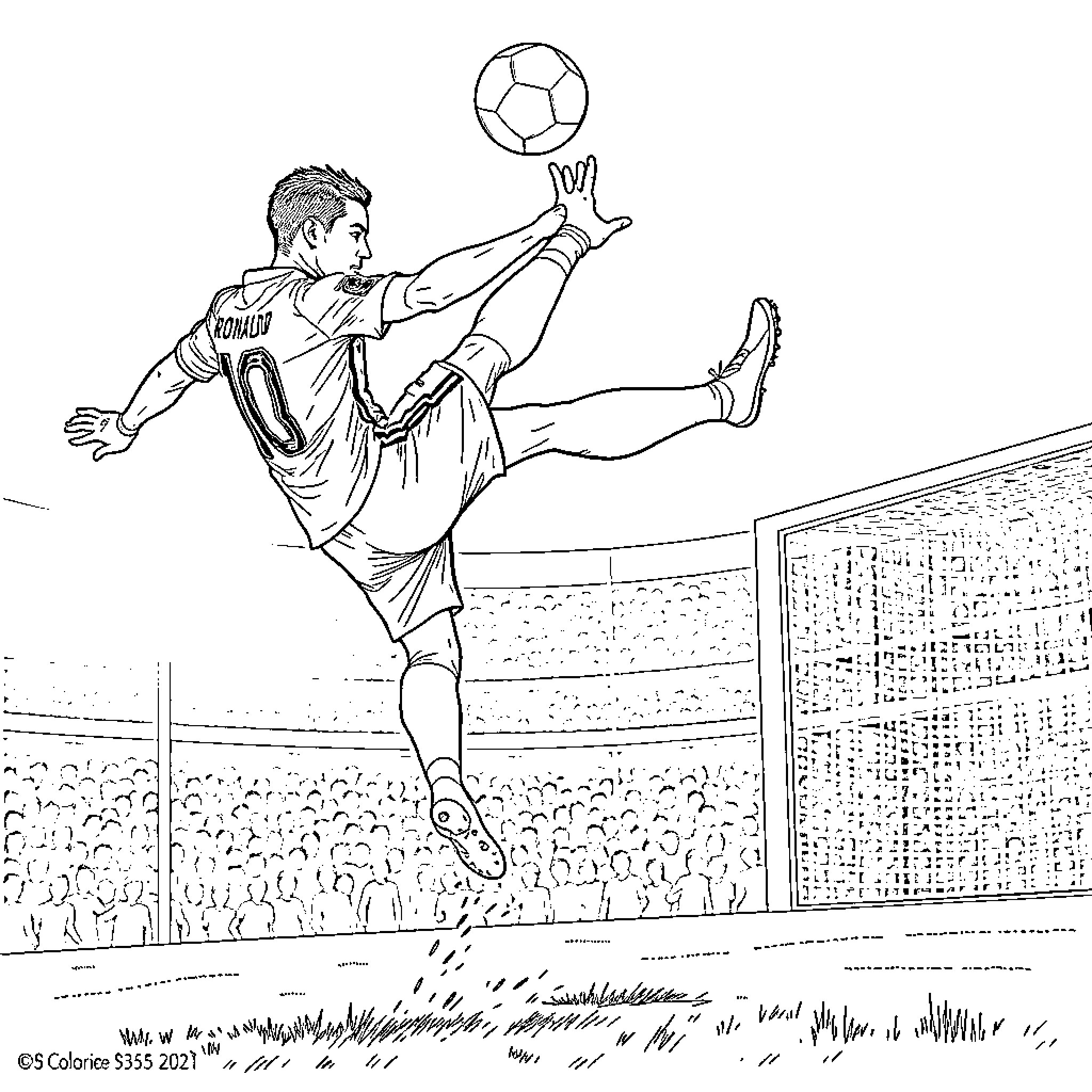 Cristiano Ronaldo's acrobatic football kick during a match Coloring Page (free black-and-white line drawing printable PDF for all, from beginners to advanced learners, including children, teens, adults, and seniors)