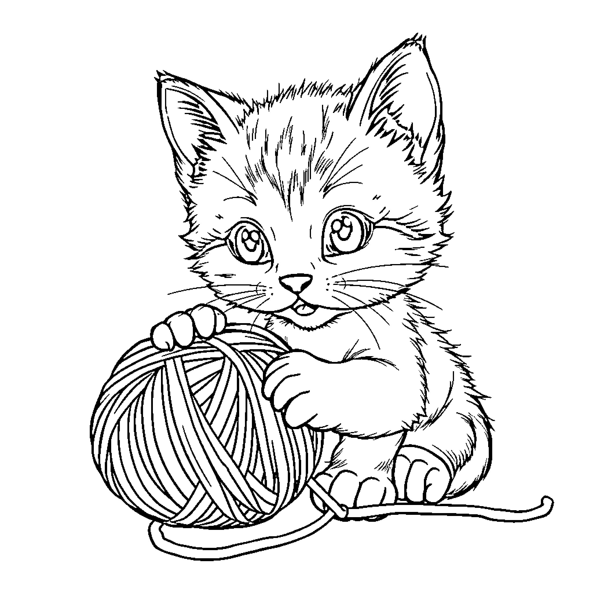 Kitten playing with yarn ball Coloring Page (free black-and-white line drawing printable PDF for all, from beginners to advanced learners, including children, teens, adults, and seniors)