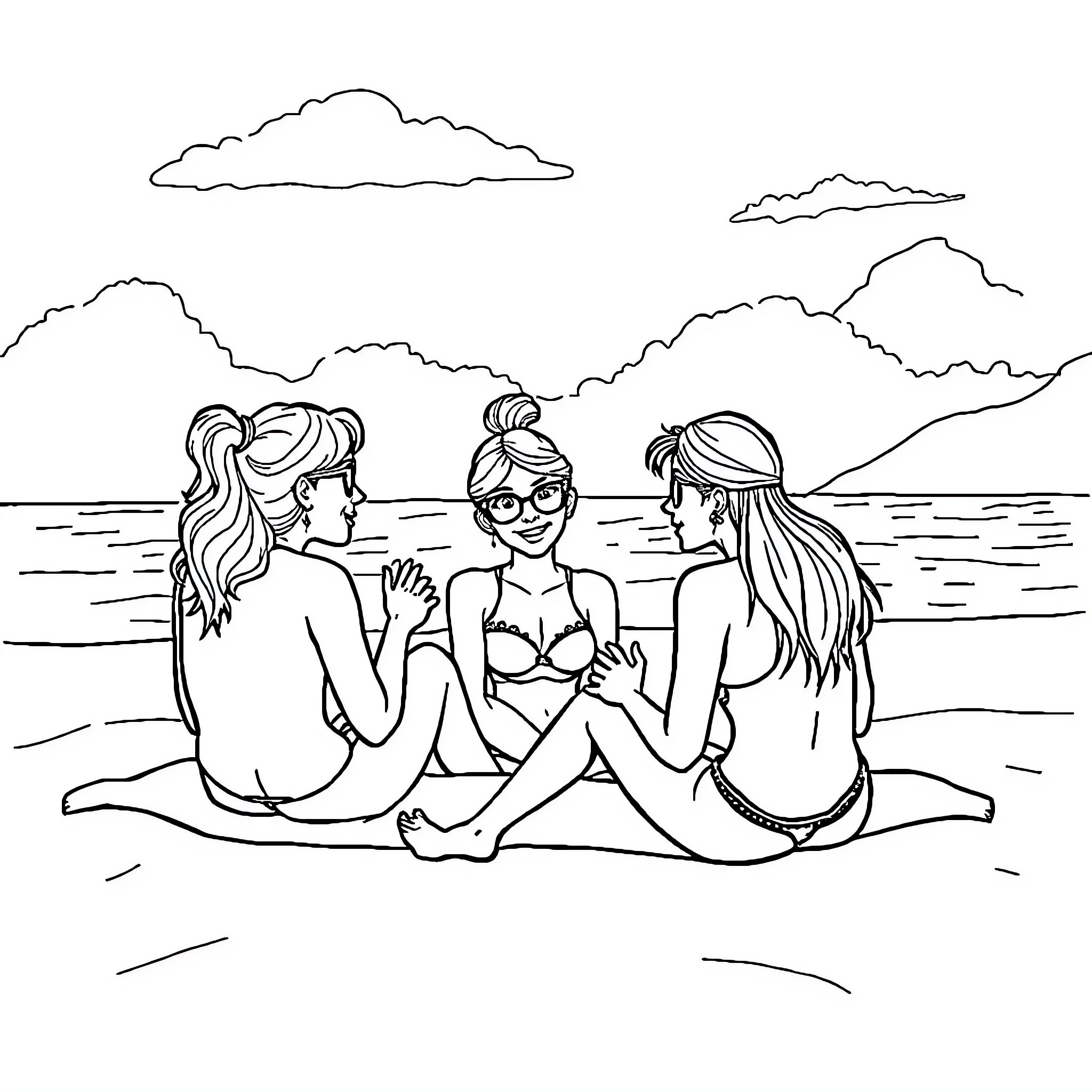 Gabby and friends enjoy a beachside conversation Coloring Page (free black-and-white line drawing printable PDF for all, from beginners to advanced learners, including children, teens, adults, and seniors)