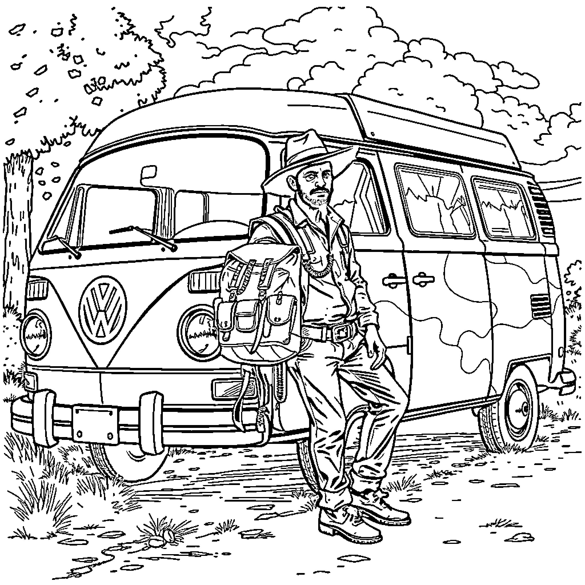 Vagabond's Road Trip Adventure in the Vintage Van Coloring Page (free black-and-white line drawing printable PDF for all, from beginners to advanced learners, including children, teens, adults, and seniors)