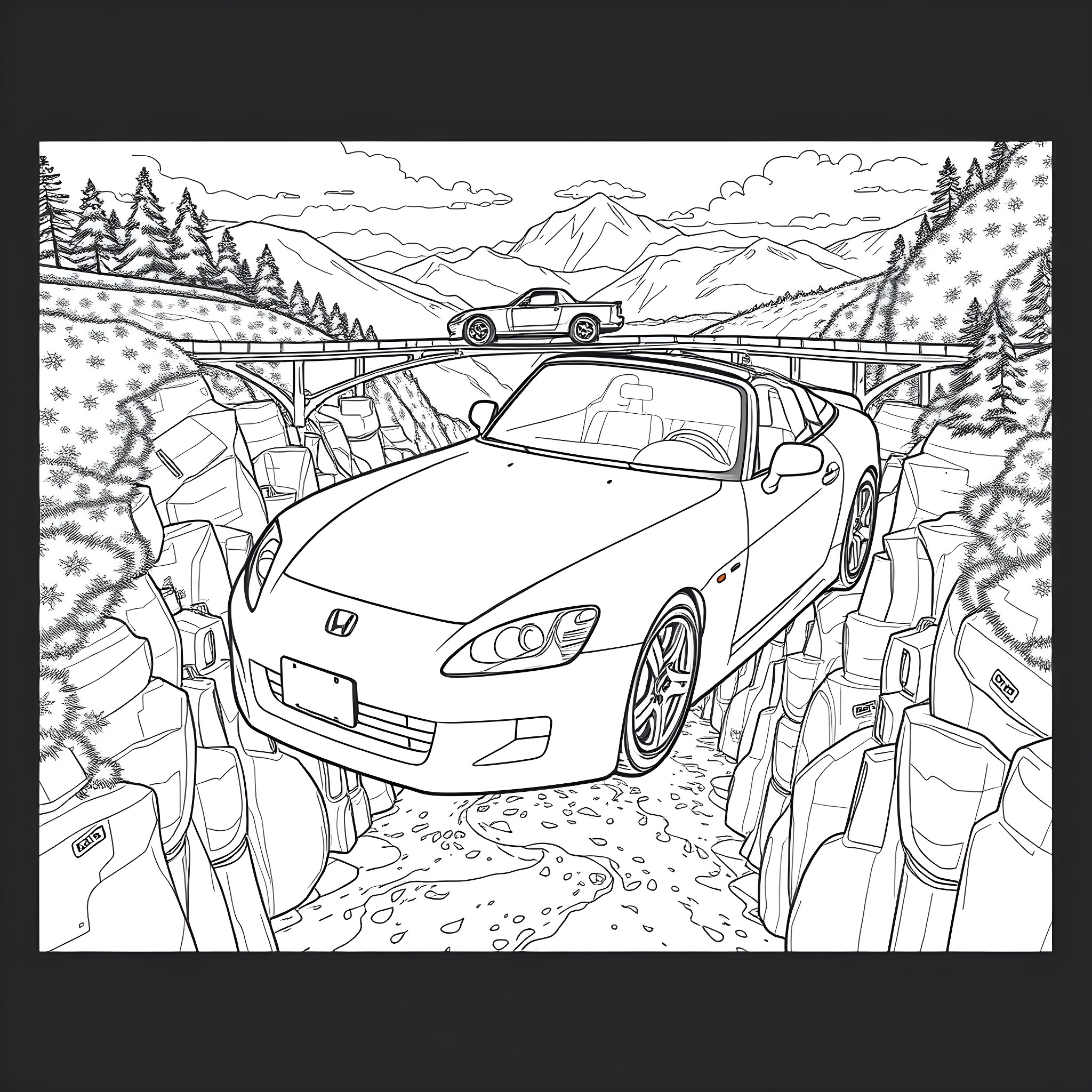 Honda S2000 in a snowy mountain landscape Coloring Page (free black-and-white line drawing printable PDF for all, from beginners to advanced learners, including children, teens, adults, and seniors)