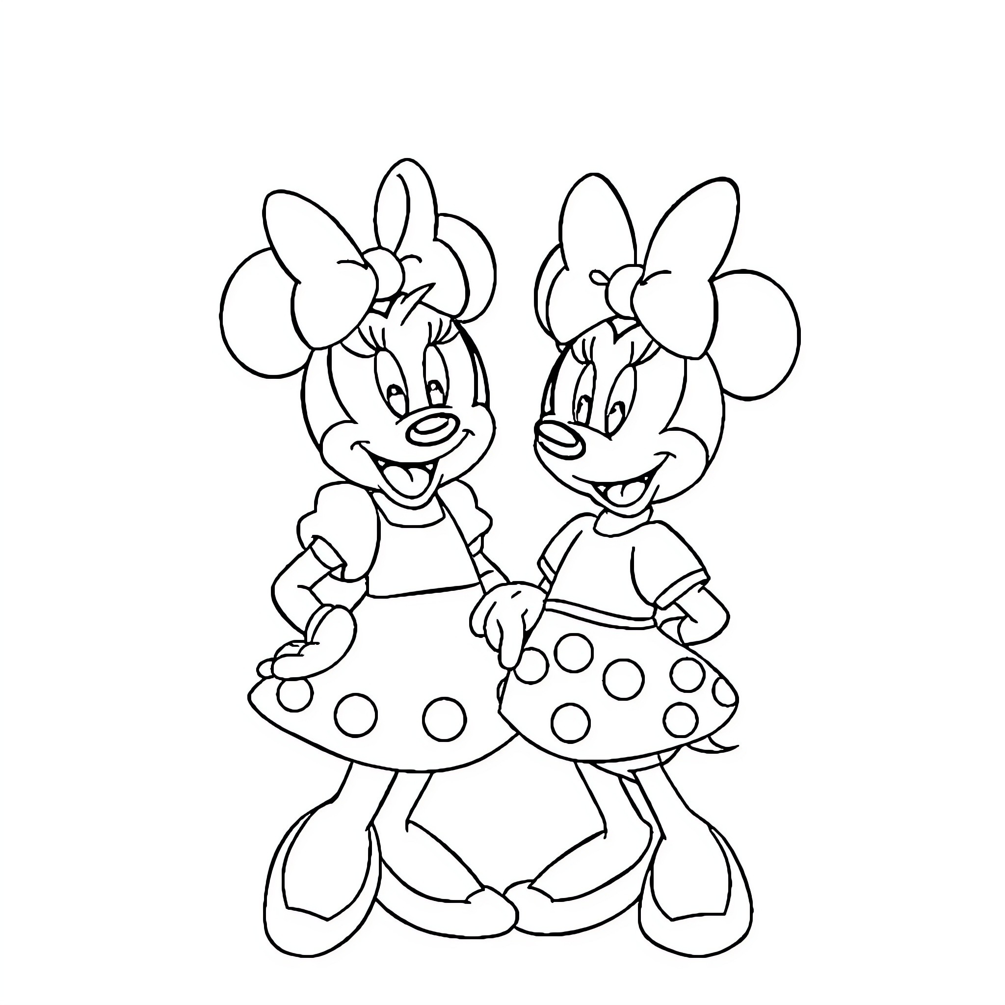 Minnie Mouse and Minnie Mouse posing together Coloring Page (free black-and-white line drawing printable PDF for all, from beginners to advanced learners, including children, teens, adults, and seniors)