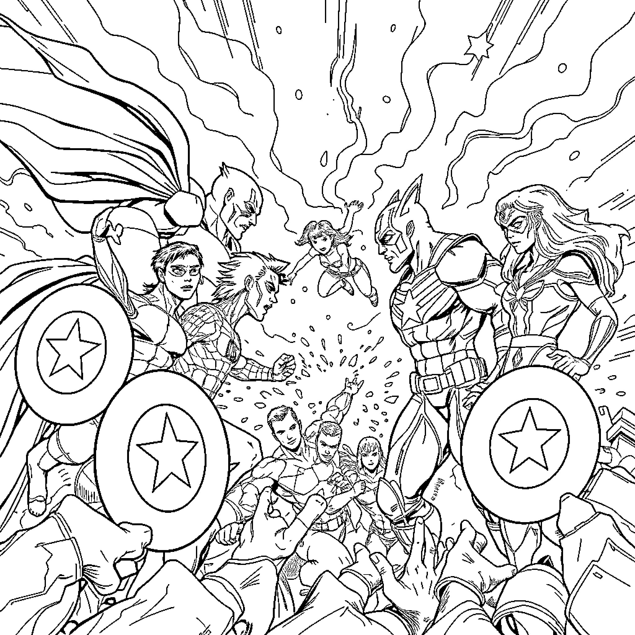 Superhero team battling villains in epic confrontation Coloring Page (free black-and-white line drawing printable PDF for all, from beginners to advanced learners, including children, teens, adults, and seniors)