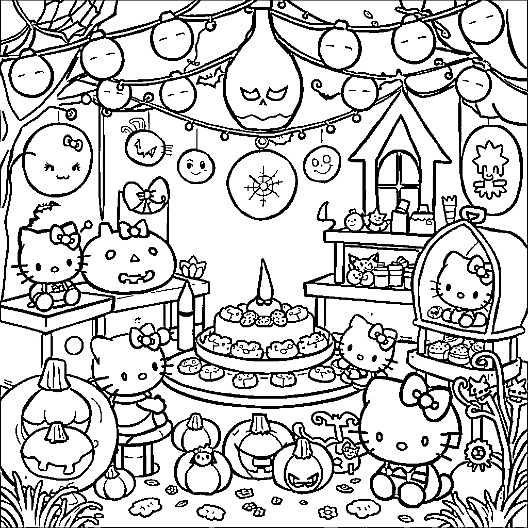 Hello Kitty's Festive Birthday Celebration Coloring Page (free black-and-white line drawing printable PDF for all, from beginners to advanced learners, including children, teens, adults, and seniors)