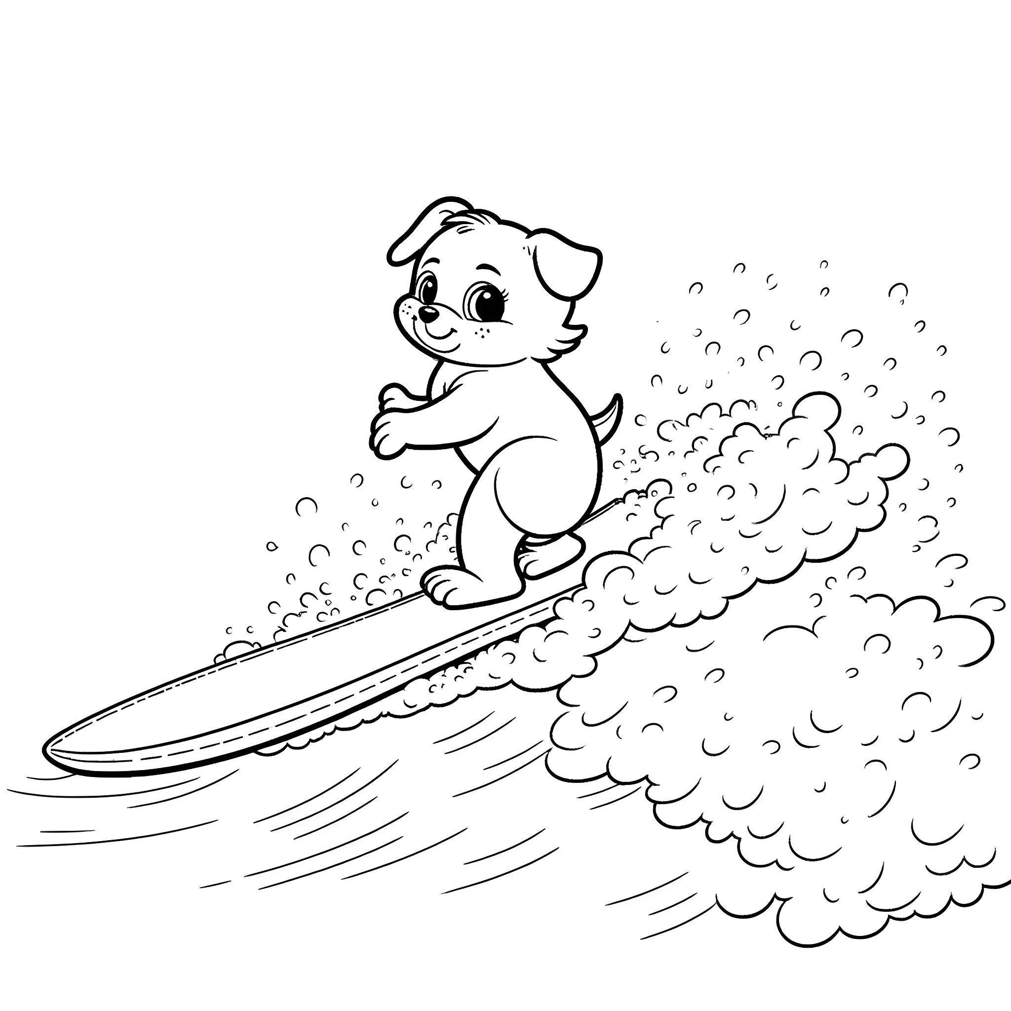 Bluey surfing happily on a wave Coloring Page (free black-and-white line drawing printable PDF for all, from beginners to advanced learners, including children, teens, adults, and seniors)