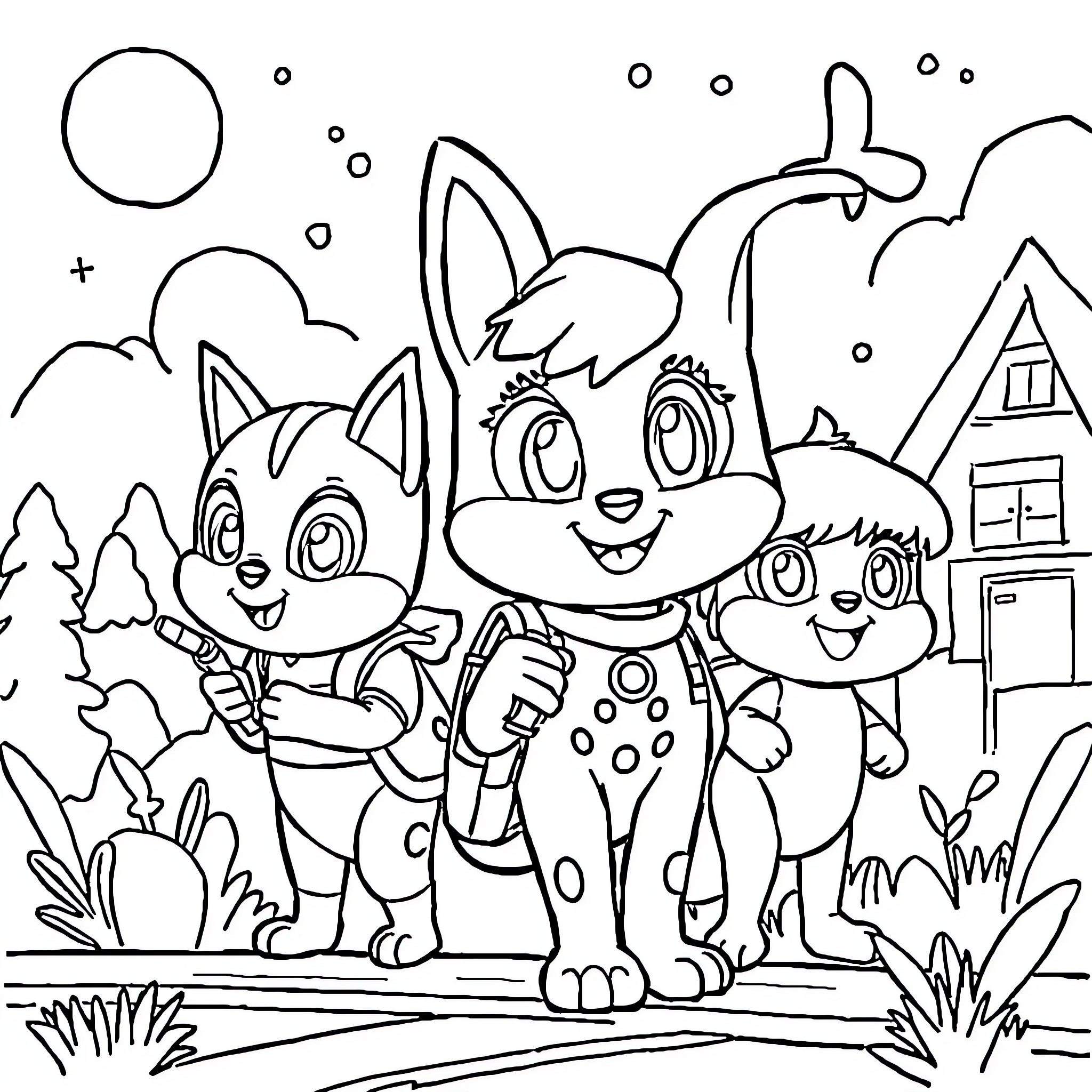 Stella's Playful Adventure with Cartoon Animals Coloring Page (free black-and-white line drawing printable PDF for all, from beginners to advanced learners, including children, teens, adults, and seniors)
